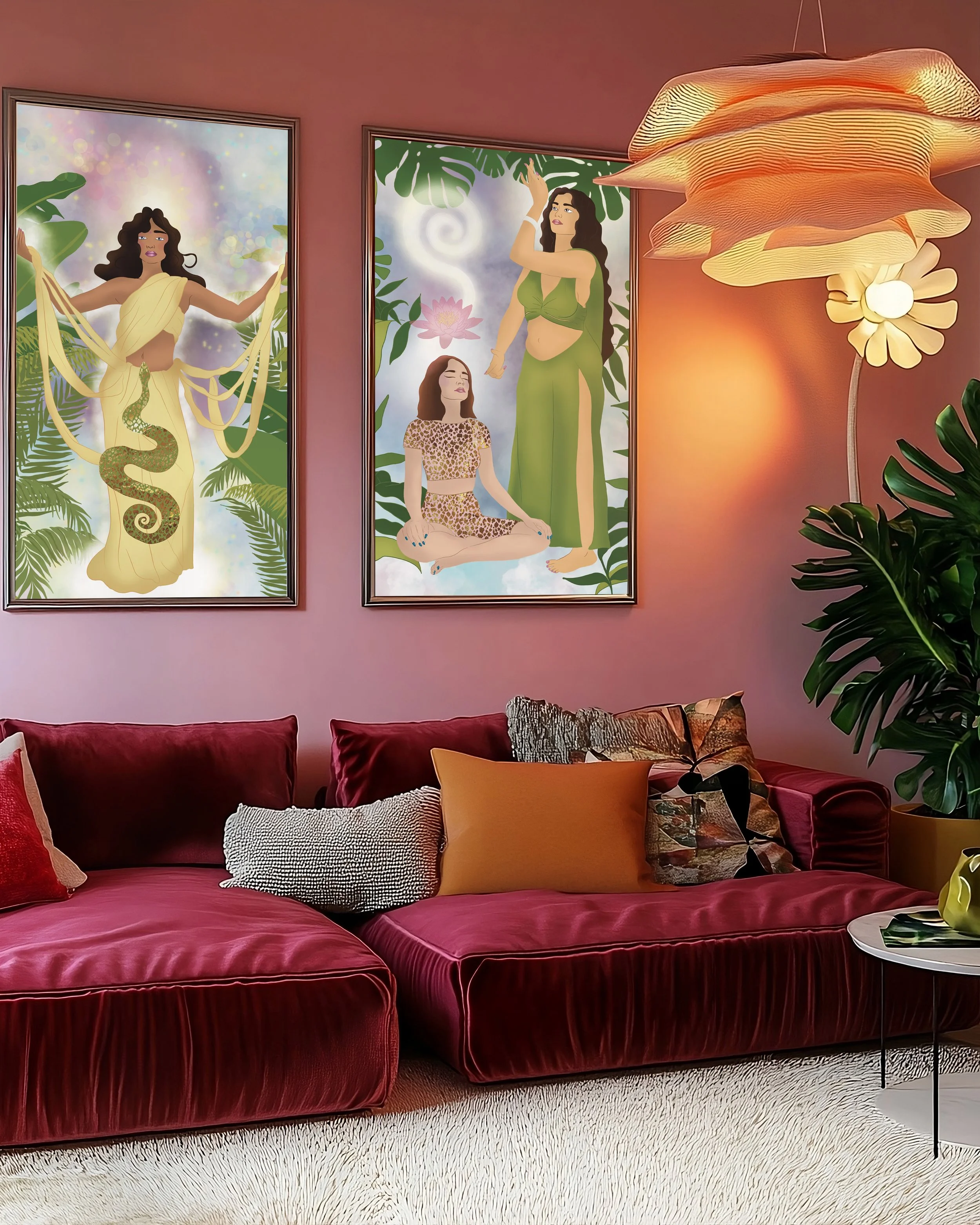 Living room with a red velvet sofa, decorative pillows, large framed artwork on a pink wall, a white shag rug, and a white side table.