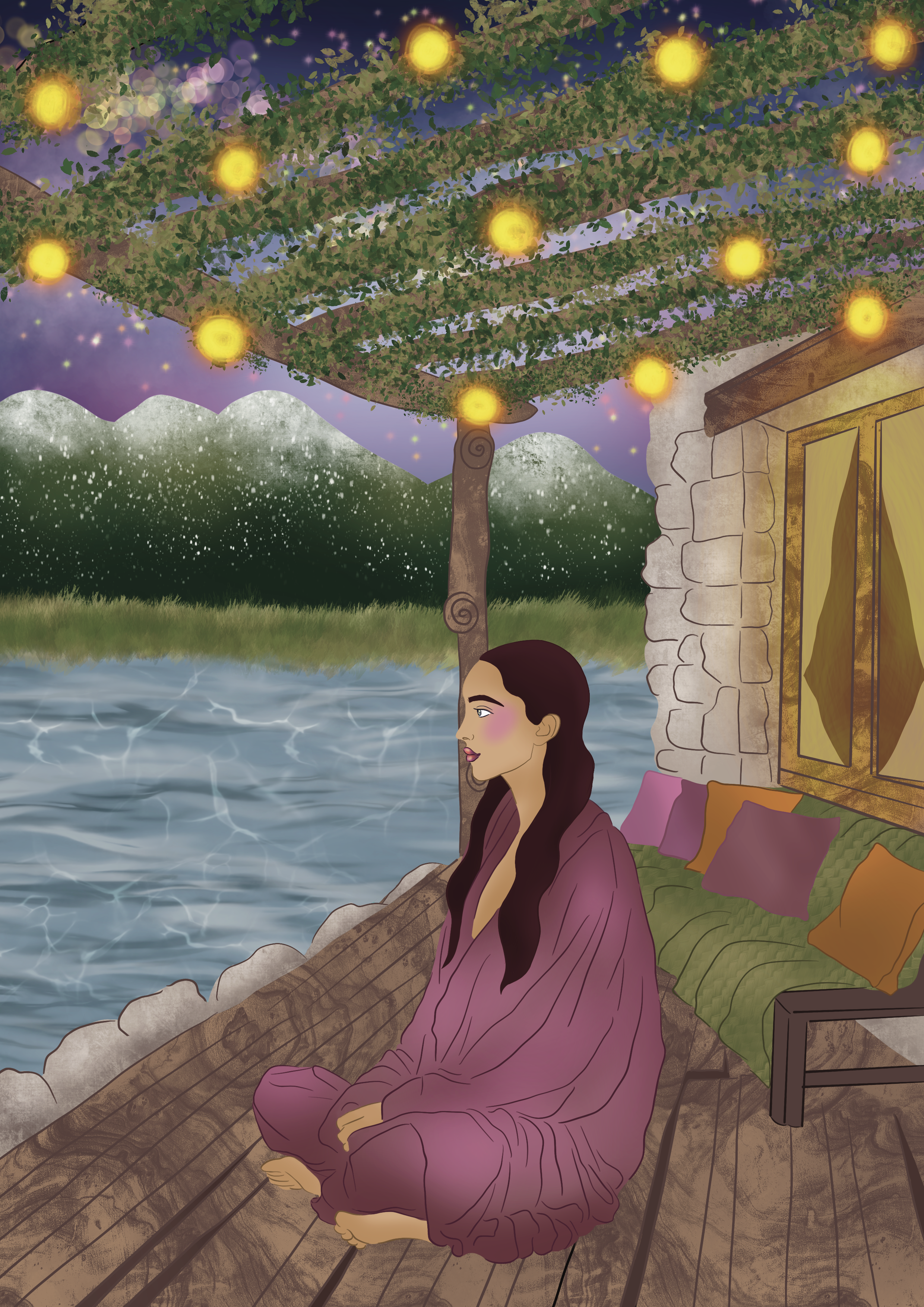 A woman with long dark hair and traditional clothing sitting cross-legged on a wooden deck, looking out over a lake with mountains in the background. A tree with glowing yellow orbs is above her, and a house with stone walls and a window is nearby. C