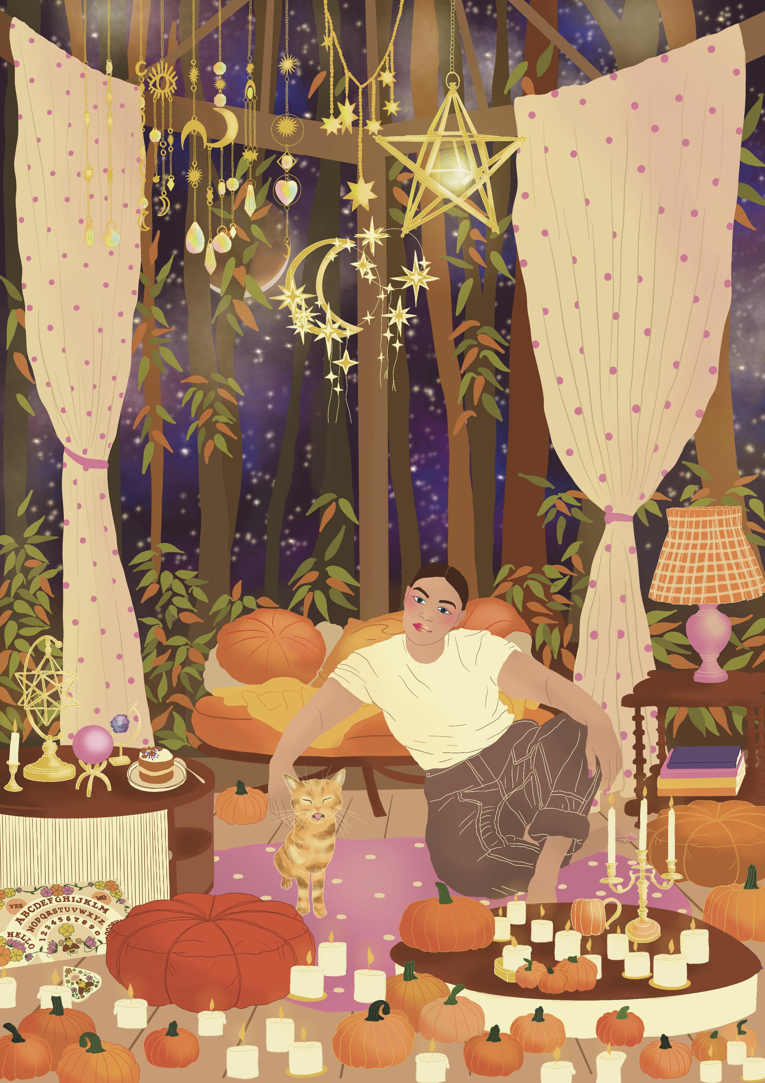 A cozy indoor scene decorated for Halloween with pumpkins, candles, and Halloween-themed decorations. A person with short dark hair, wearing a white shirt and black striped pants, is sitting on the floor near a ginger cat. The background features a window with pink polka-dot curtains, hanging celestial decorations like stars, moons, and a large star-shaped lantern. The room has warm lighting, with candles and a small table with Halloween ornaments.