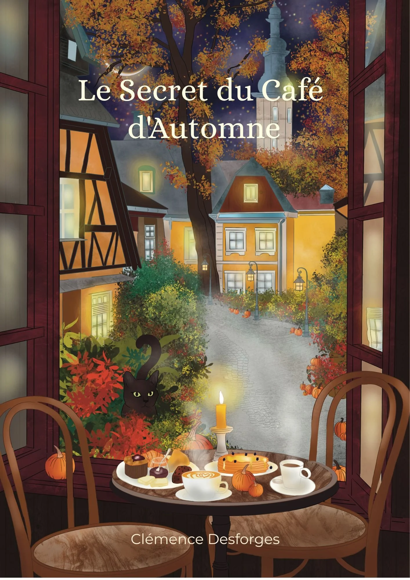 A cozy autumn scene viewed from a window, with a table set for breakfast with pastries, coffee, and a pumpkin, overlooking a street lined with pumpkins, trees with orange leaves, and houses with glowing windows at night.