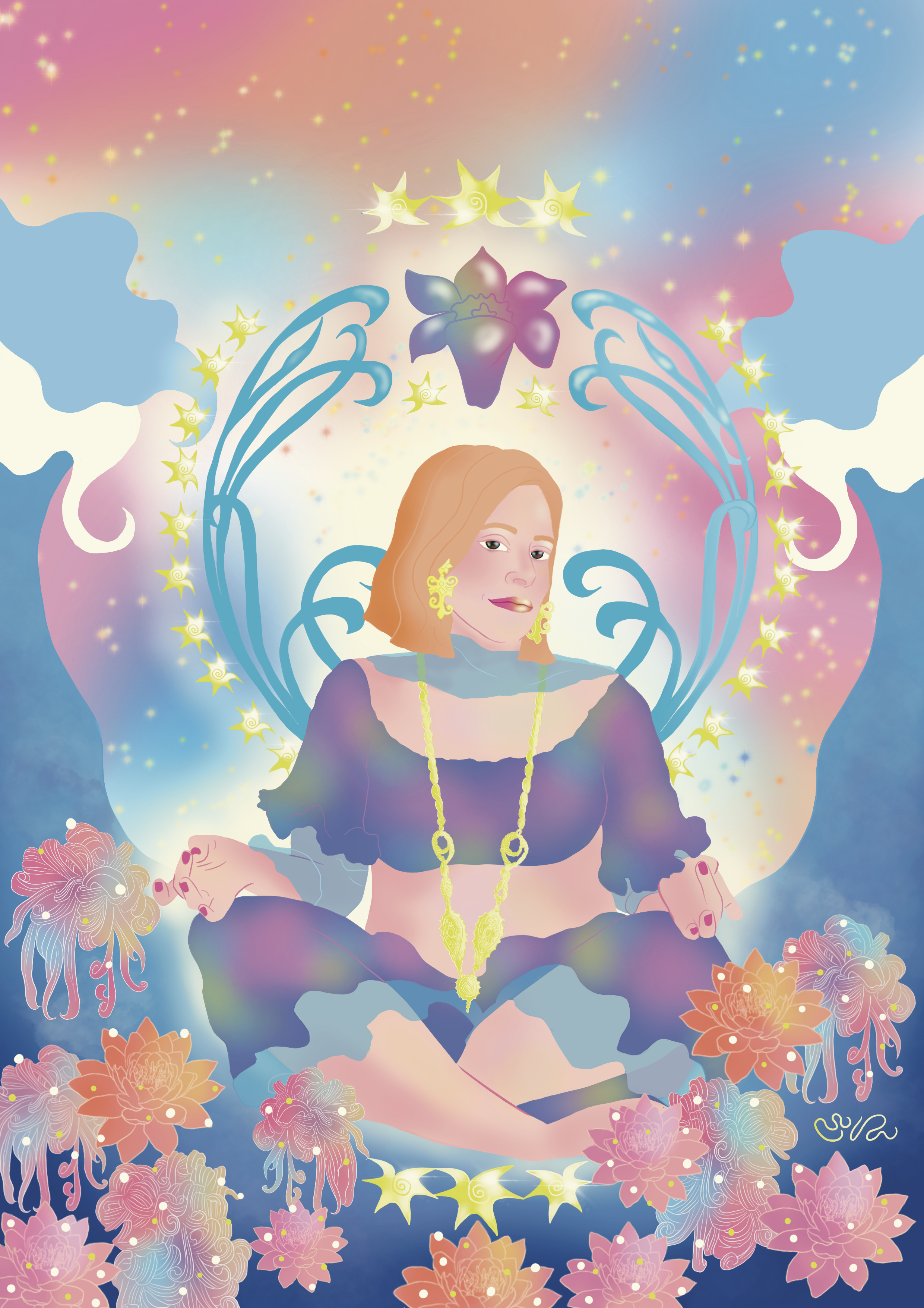 Digital artwork of a woman with orange hair in a meditative posture, surrounded by colorful floral and celestial motifs, with a starry background and a lotus flower above her head.