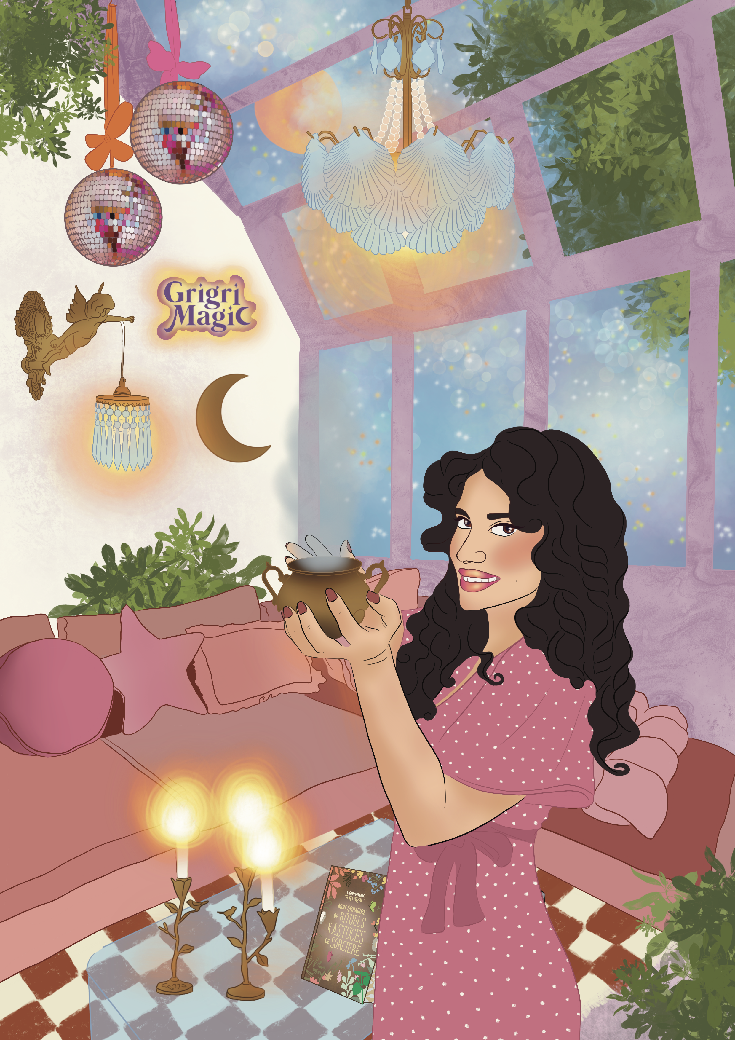 A woman with curly black hair and glasses smiling while holding a cup in a cozy, decorated room with pink pillows, a mirror ball, candles, and plants. The room has a pink and purple color scheme with a large window showing a sky with clouds and trees