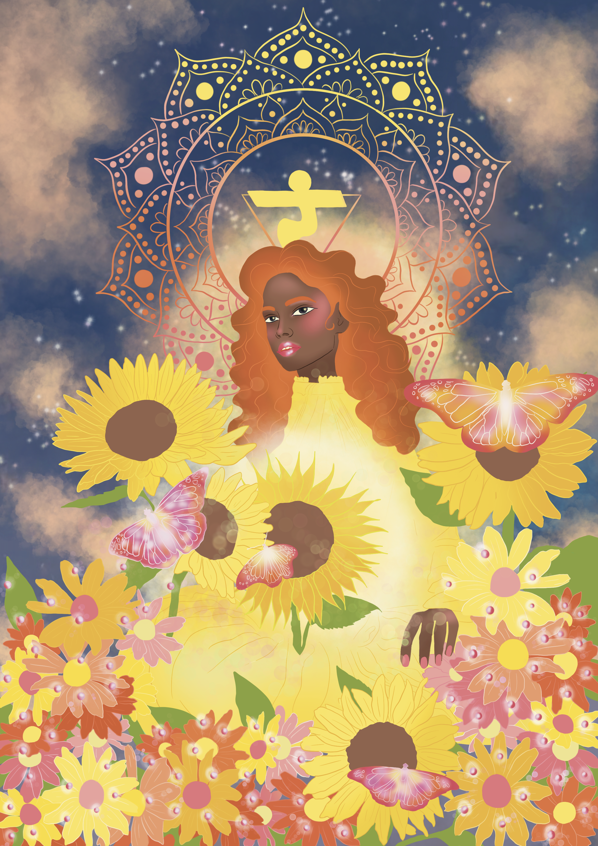 Illustration of a woman with flowing red hair, surrounded by sunflowers, butterflies, and a colorful mandala with a starry sky background.
