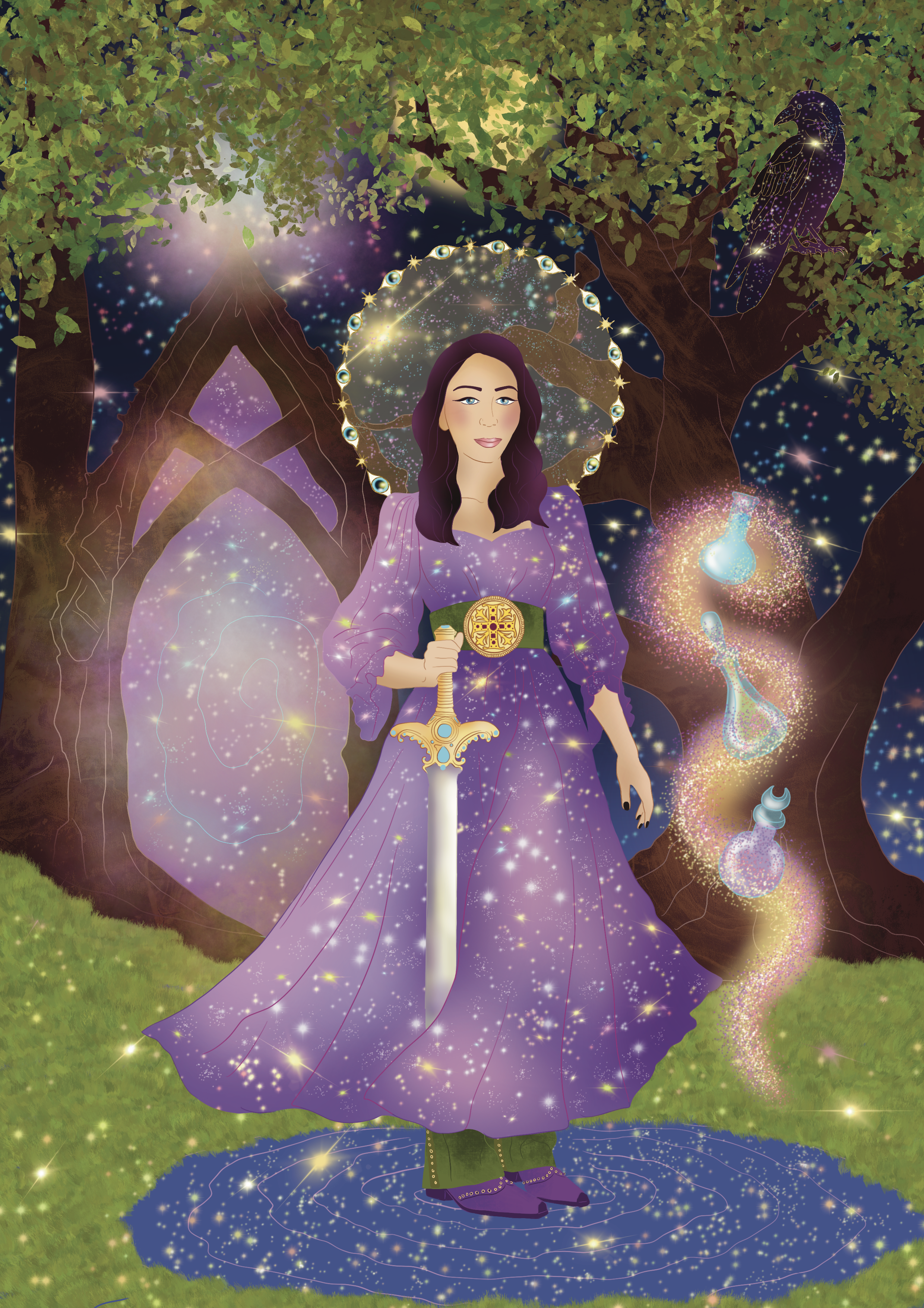 A digital illustration of a woman with long dark hair in a flowing purple dress holding a sword, standing on glowing water surrounded by sparkles, trees, a starry sky, and mystical elements including a sparkling bird, potion bottles, and celestial sy