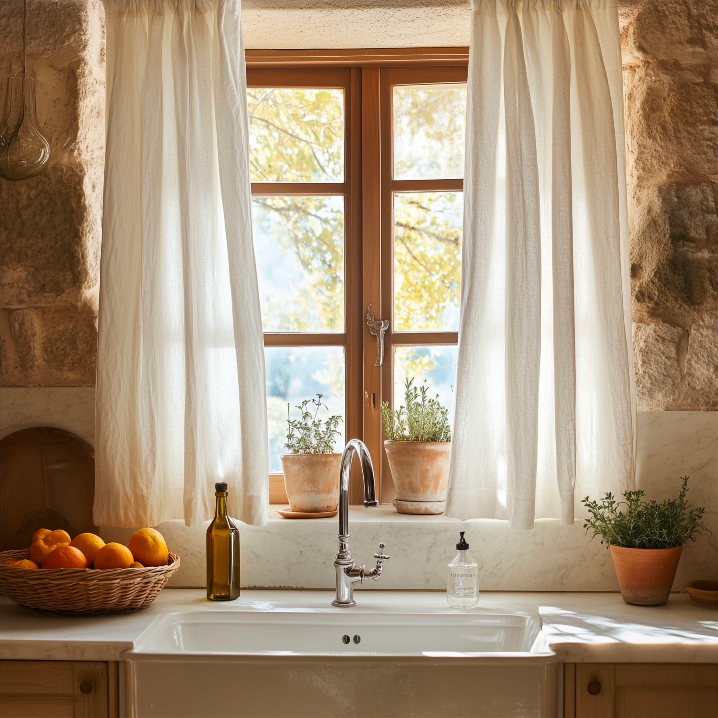 A kitchen sink with a window above it, beige curtains on either side, a basket of oranges, a small potted plant, a bottle of olive oil, and a soap dispenser.