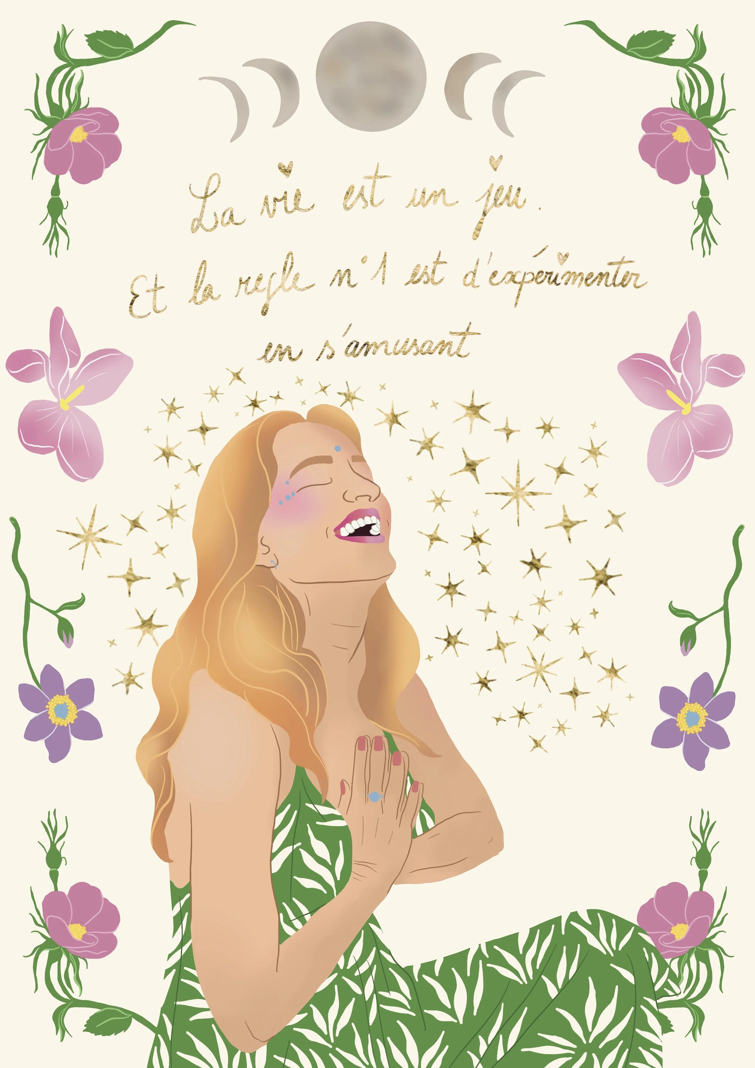 An illustration of a woman with long hair, hands in prayer, surrounded by flowers, stars, and moon phases, with a quote in French about life and love.
