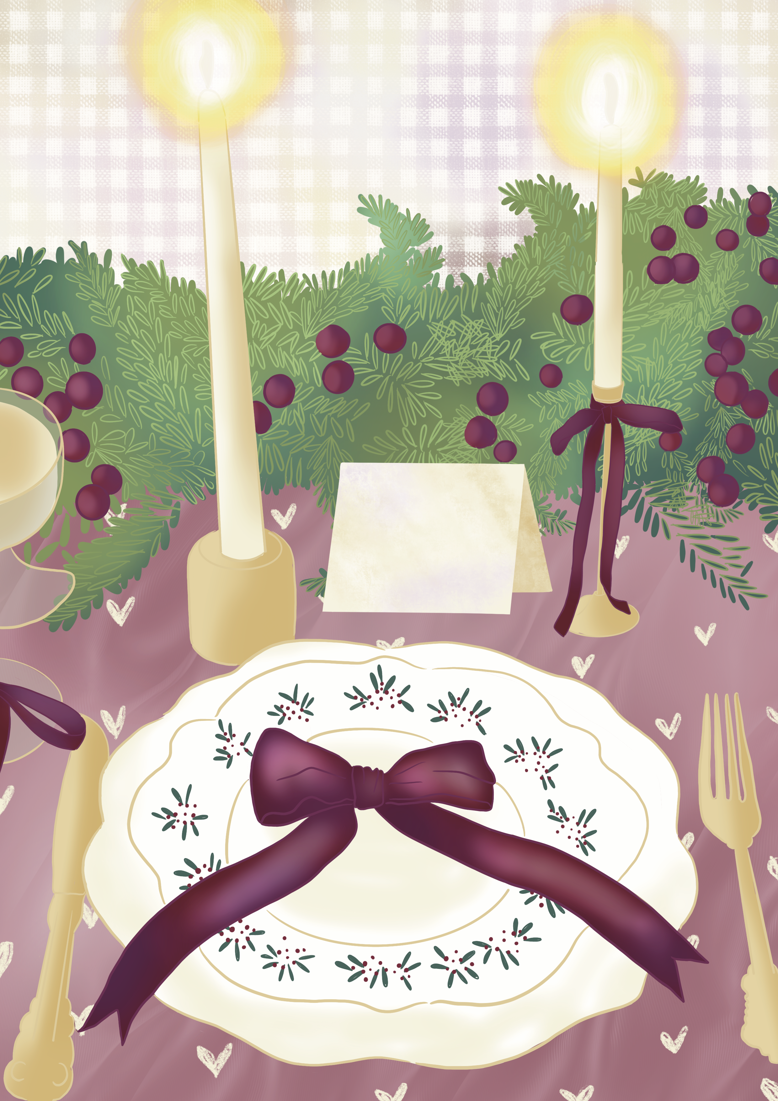 A dining table decorated for Christmas with candles, evergreen branches, red berries, a handwritten note, a plate of cake with a bow, and gold utensils on a pink tablecloth with small hearts.