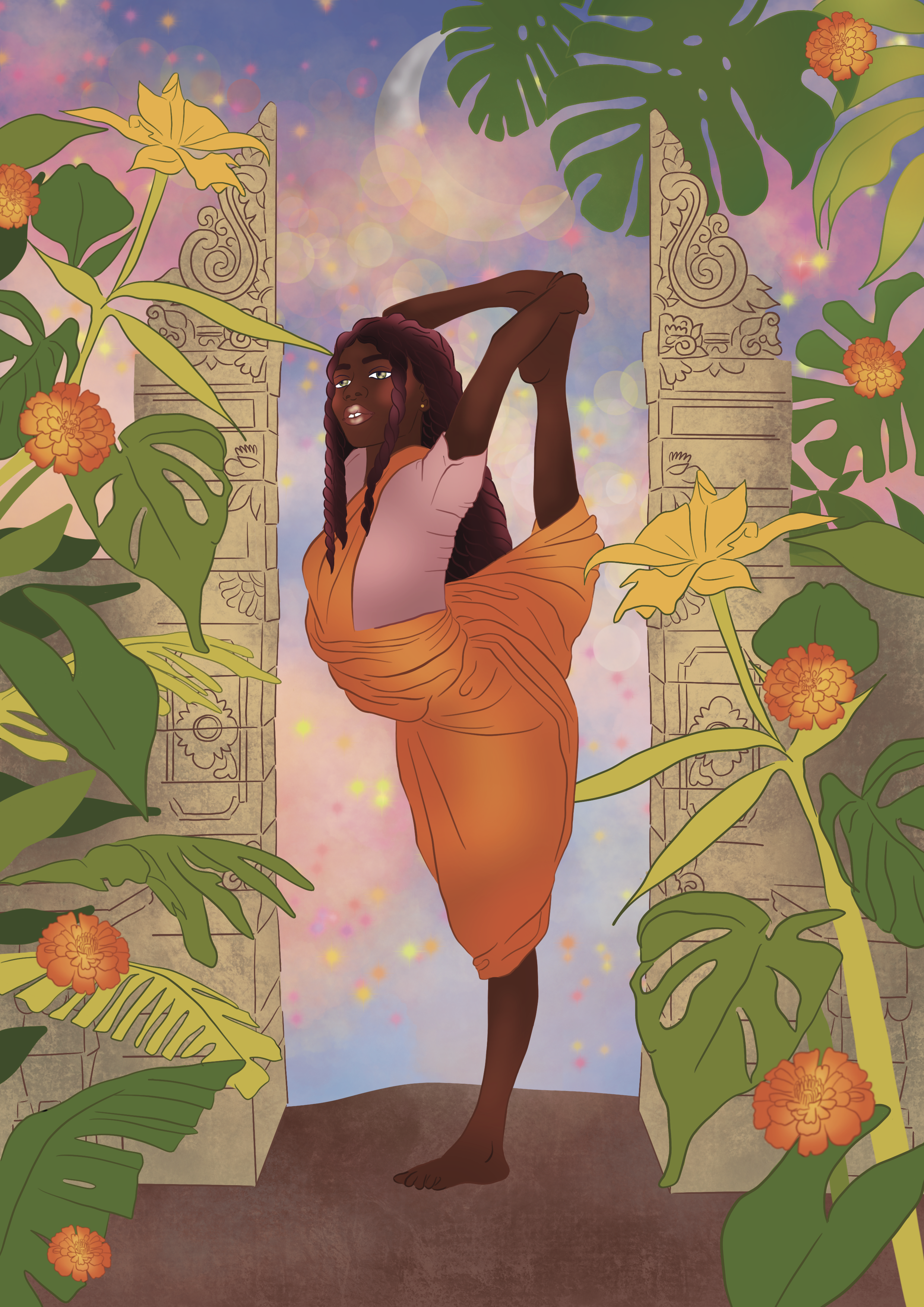 An animated woman with dark skin and long, curly hair performing a yoga pose in front of ornate stone pillars, surrounded by tropical green leaves and orange flowers, with a colorful, dreamy background featuring a crescent moon and pink and purple bokeh lights.
