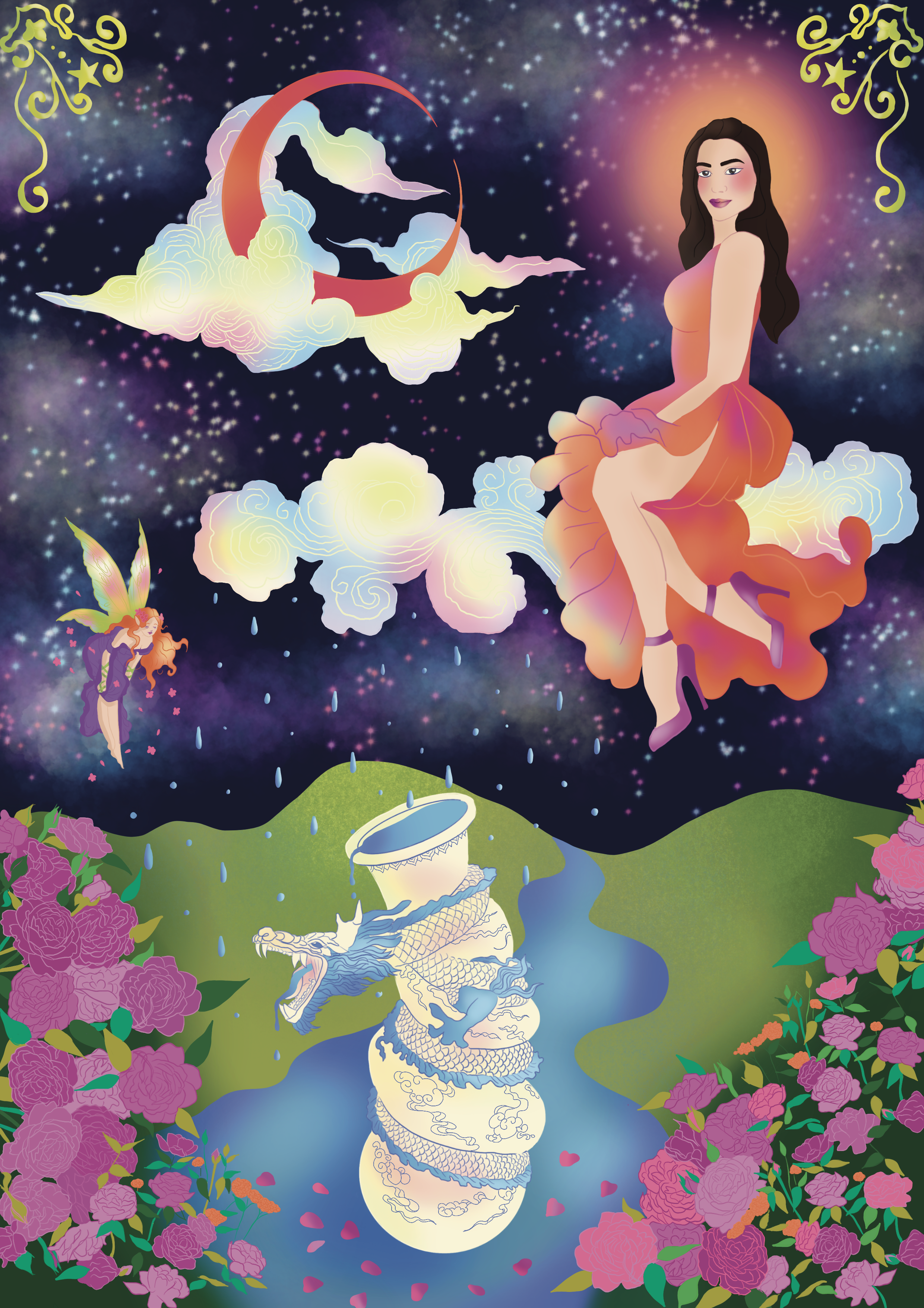 A fantasy illustration featuring a woman with long dark hair sitting on a cloud, with a glowing halo behind her head. There are colorful celestial elements in the background, including the moon, stars, and clouds. A small fairy with wings and a drago