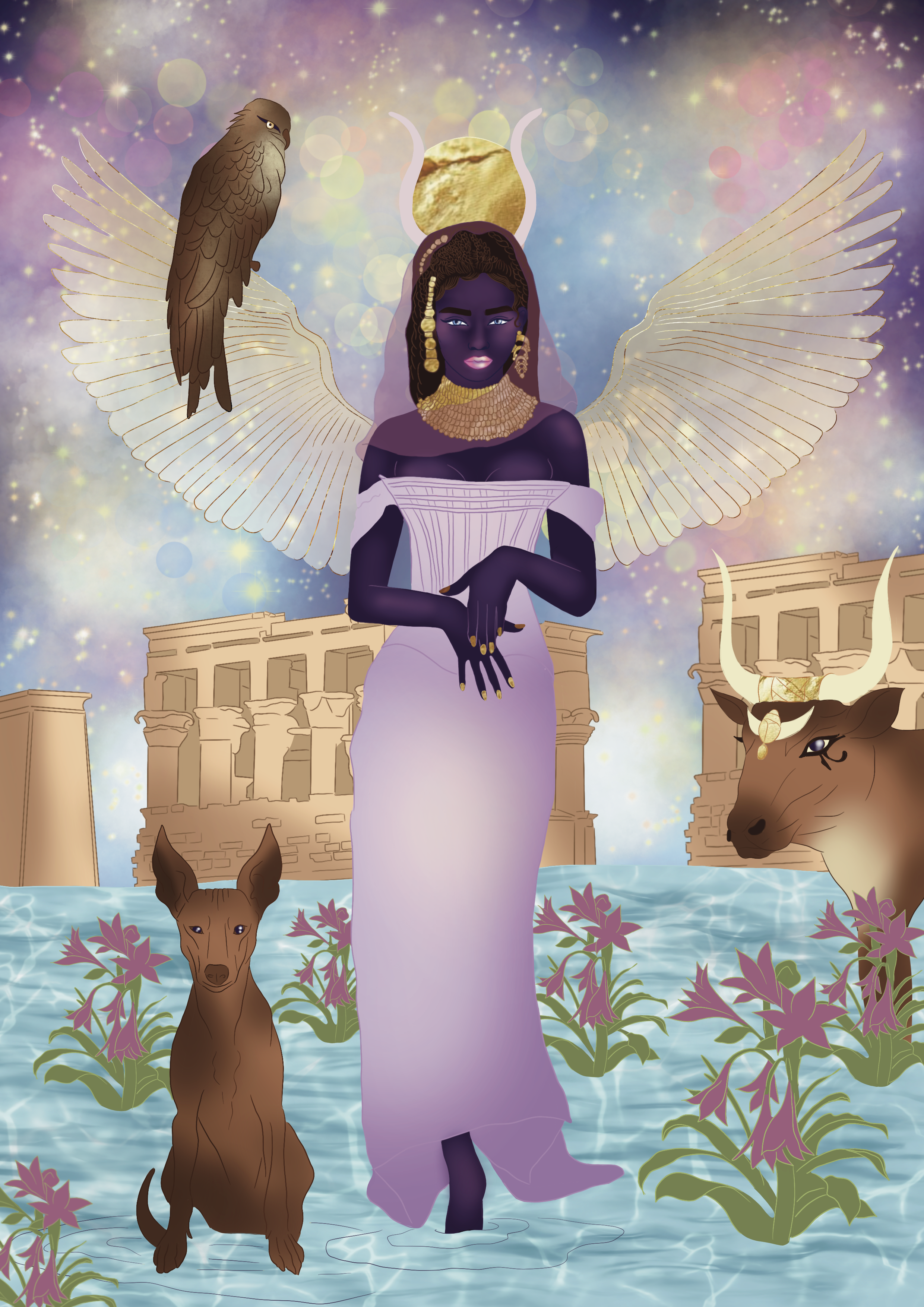 A digital illustration of a dark-skinned woman with purple skin, dressed in a purple gown, standing in water with her hands folded in front of her. She has voluminous dark hair adorned with gold jewelry. Behind her are large, golden wings and a glowi