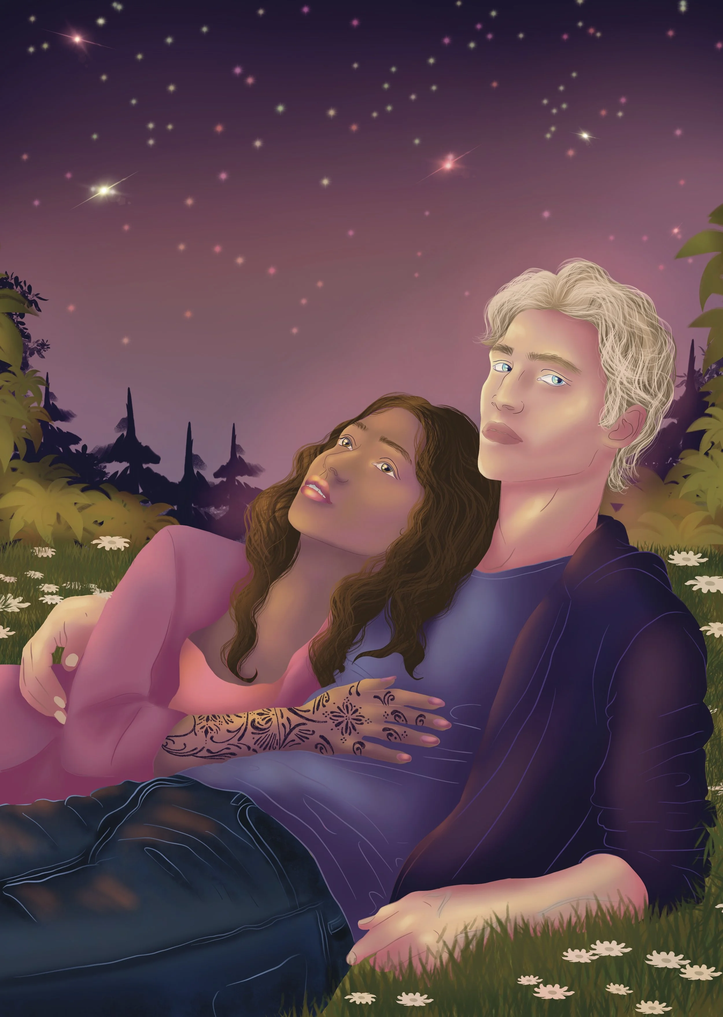 An illustration of a young couple lying on the grass at night, looking up at stars against a dark purple sky. The girl has curly brown hair and a pink top, the boy has wavy blonde hair and a dark hoodie. There are trees in the background and daisies on the grass.