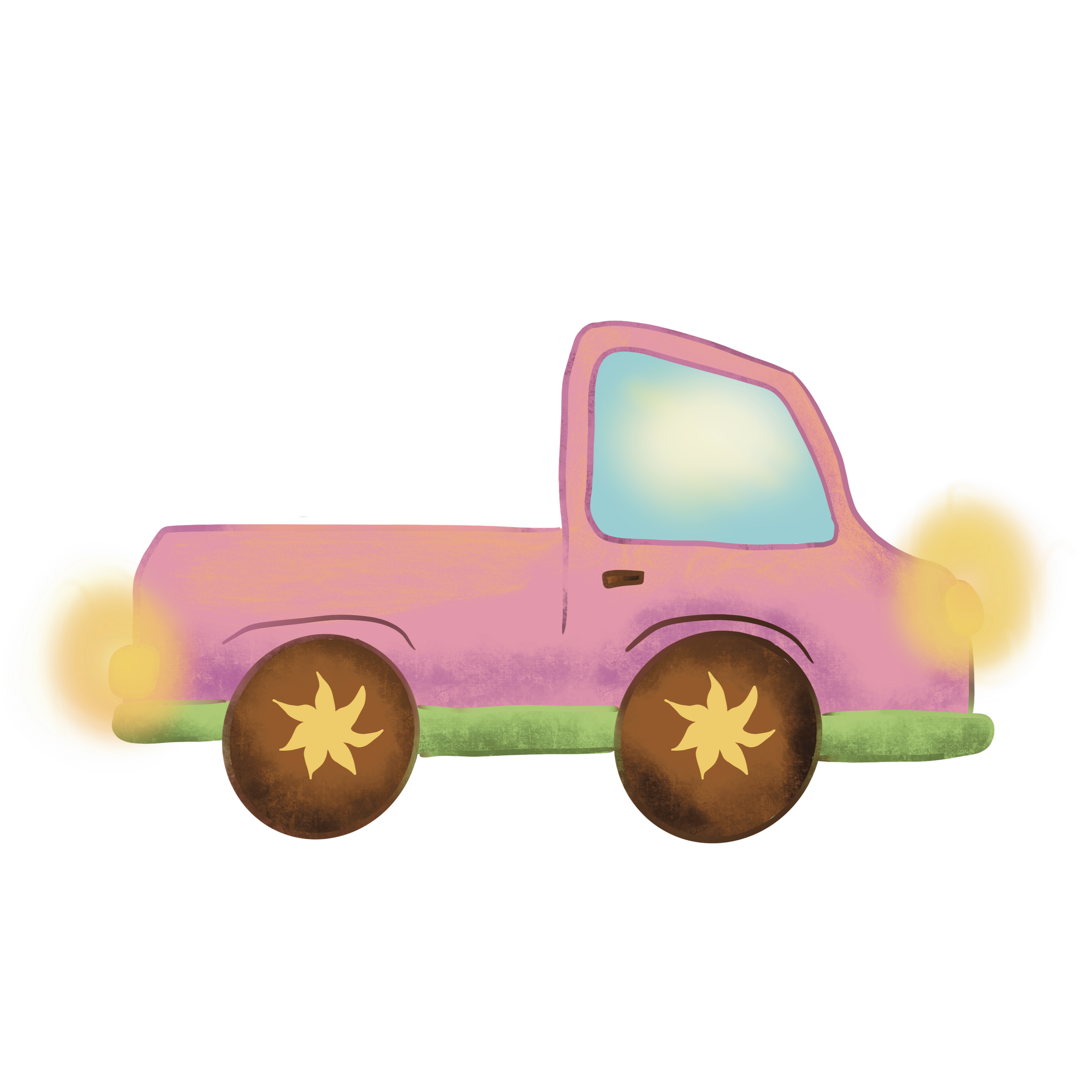 A stylized illustration of a pink car with a multicolored, gradient-like appearance, featuring a glowing or illuminated effect, with cartoonish, rounded details and four brown wheels decorated with star-shaped hubcaps.