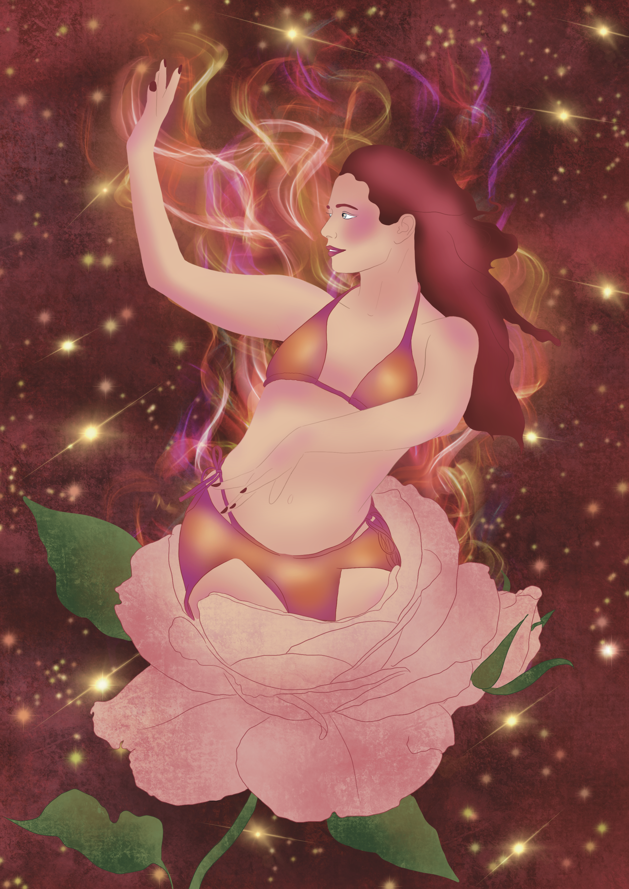 Illustration of a woman with long dark hair, wearing a bikini, sitting inside a large pink flower. She is surrounded by swirling colorful light trails and stars against a red background.