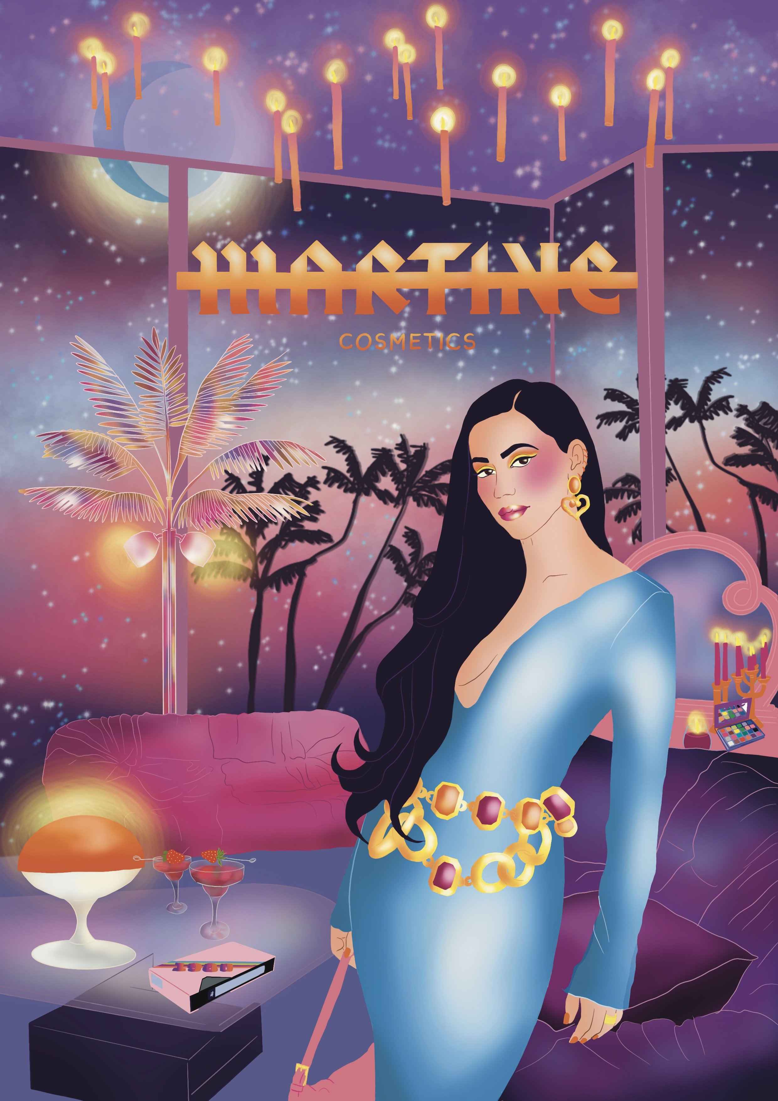 Illustration of a woman with long black hair wearing a blue dress and a gold jewelry necklace in a cosmic setting with stars, palm trees, and a sunset. There are candles and makeup products on tables, a sign reading 'HASTING COSMETICS,' and tropical plants.