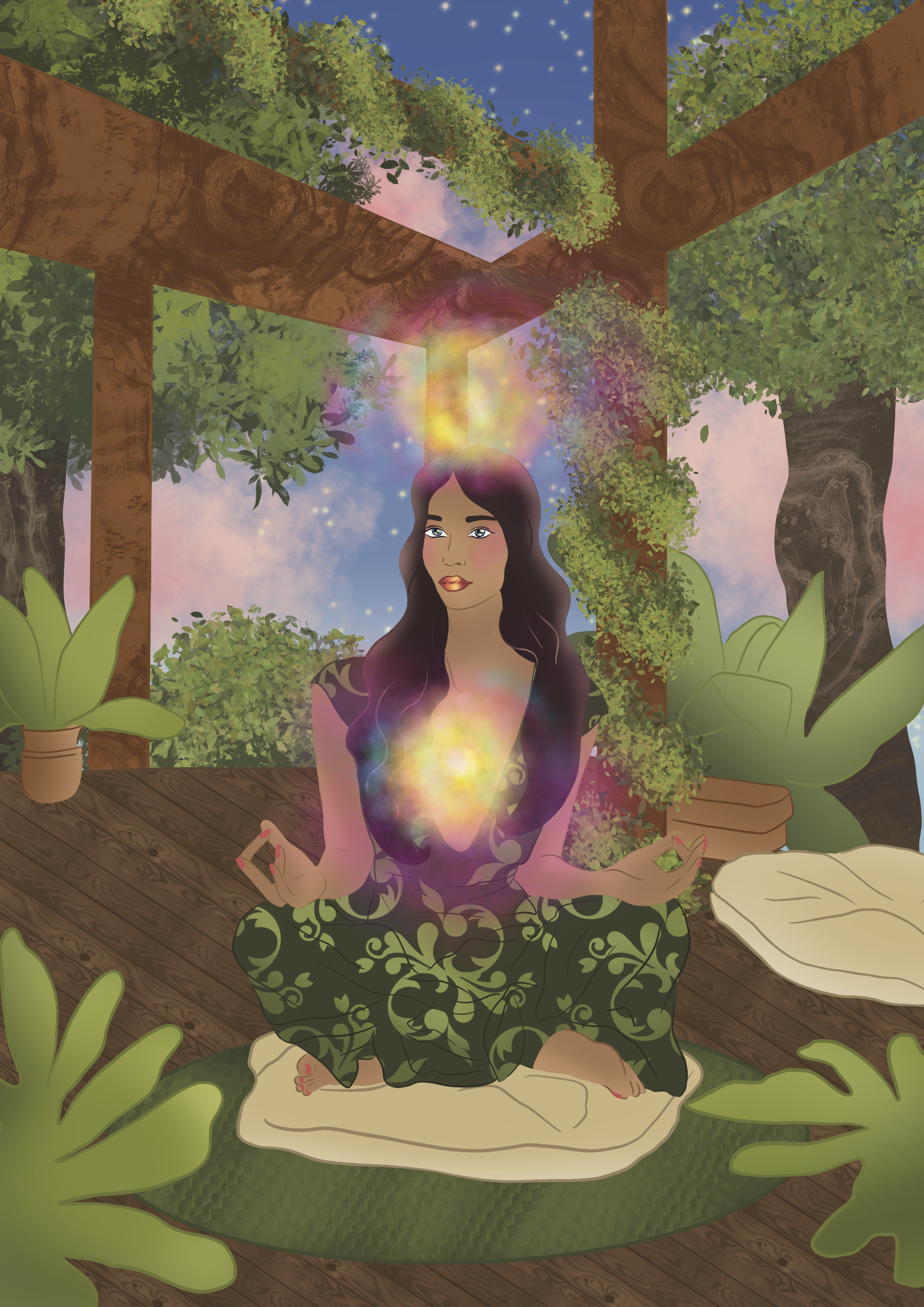 A woman meditating in a lush green garden under a wooden pergola with hanging vines, potted plants, and a starry sky with pink and purple clouds in the background.