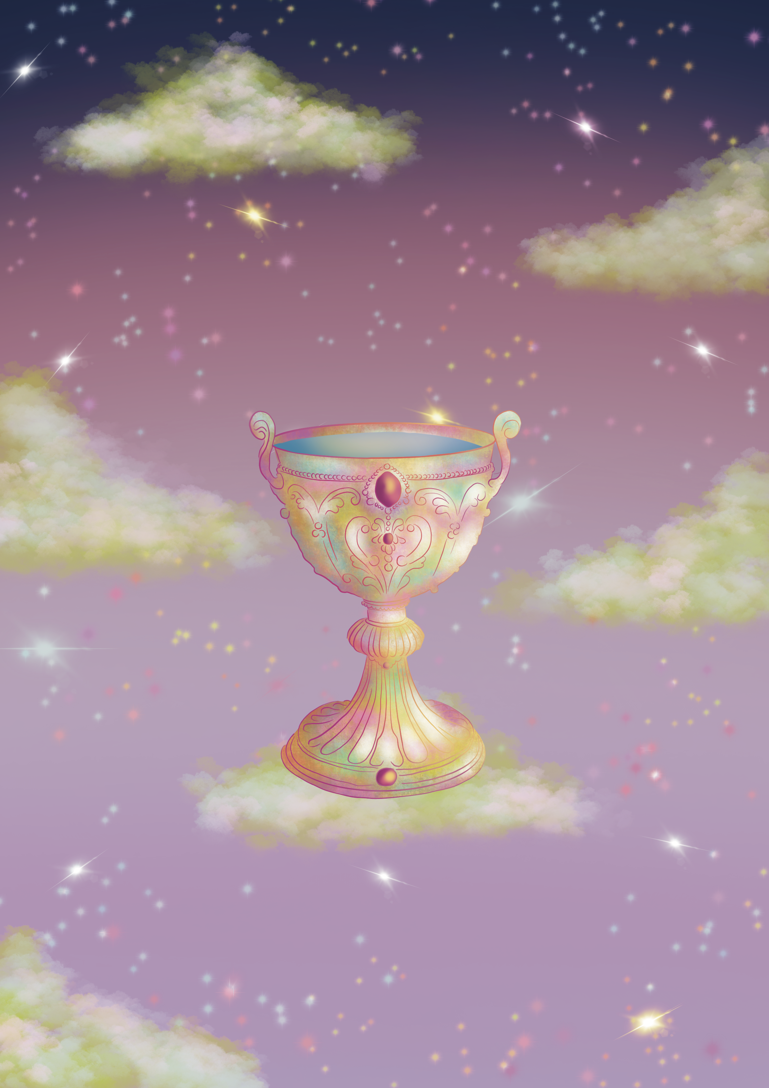A fantastical scene depicting a large ornate cup floating among colorful clouds and twinkling stars in a pastel purple sky.