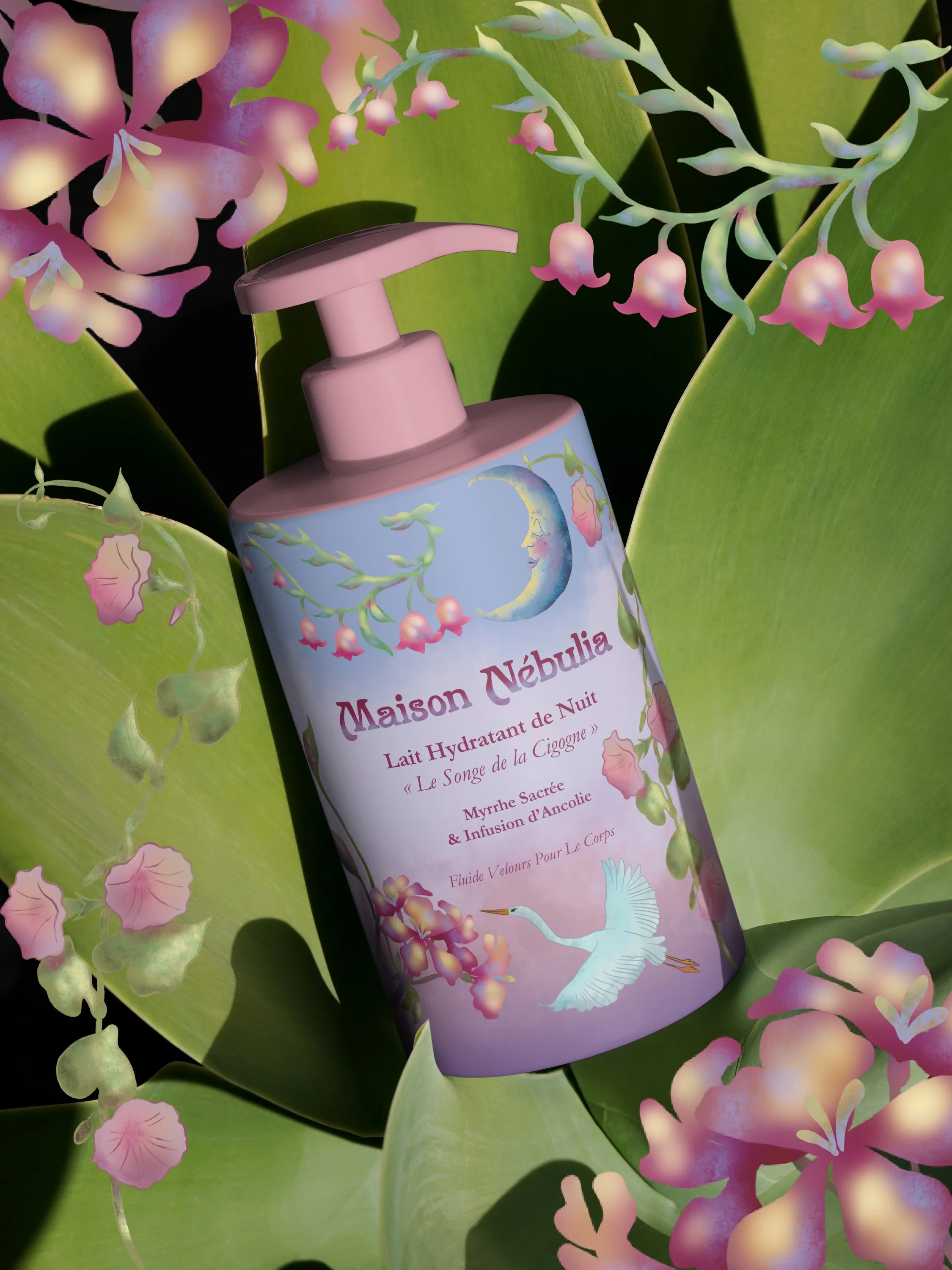 A purple and white bottle of sunscreen with the label 'Bottle Mockup y.53' inside a green succulent plant.