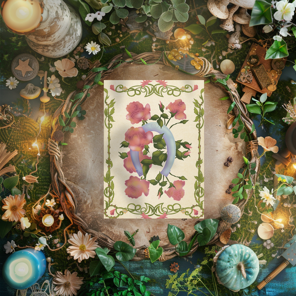 An arrangement of various decorative items and plants surrounding a tarot card with a floral and serpent design, placed on a stone surface. The decor includes candles, flowers, leaves, and small figurines, creating a mystical and nature-inspired scene.