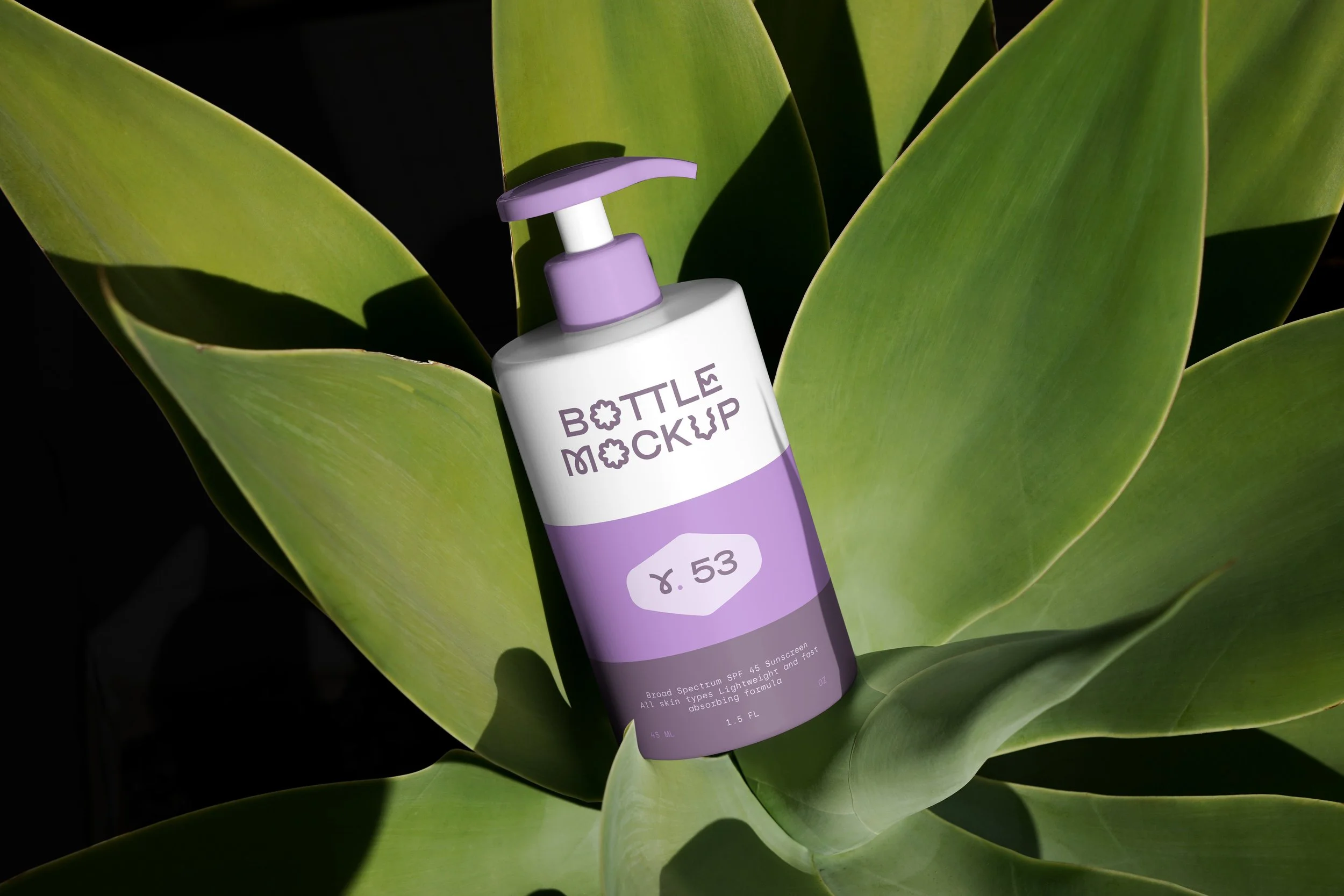 A purple and white bottle of sunscreen with the label 'Bottle Mockup y.53' inside a green succulent plant.