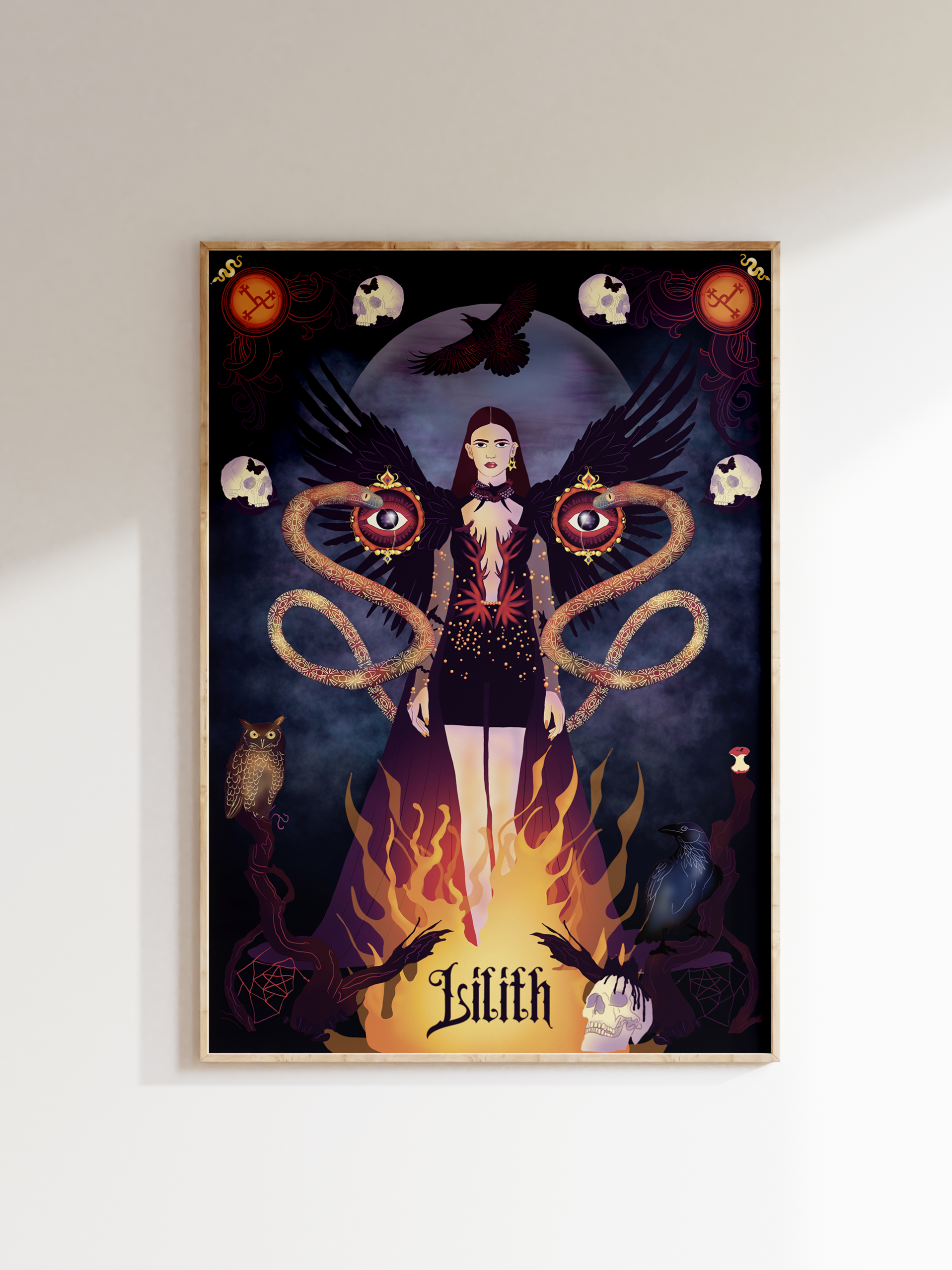 A dark, gothic-style artwork featuring a woman with black wings, snakes, skulls, crows, and flames, with the word 'Lilith' at the bottom.