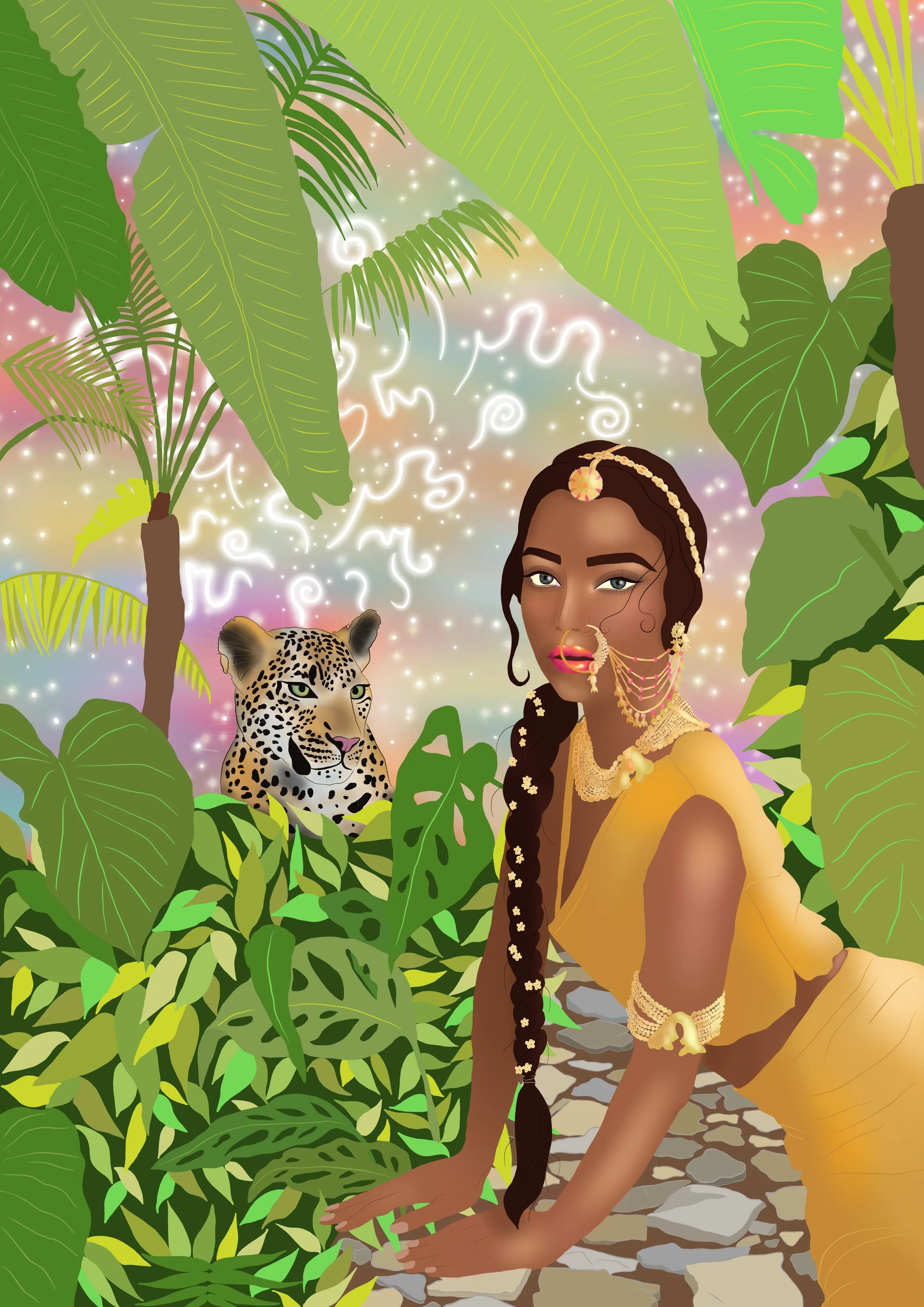 Digital illustration of a woman with long braided hair, wearing a yellow dress and gold jewelry, kneeling on a stone path surrounded by lush green tropical plants, with a leopard partially visible behind the plants and a colorful sky with swirling wh