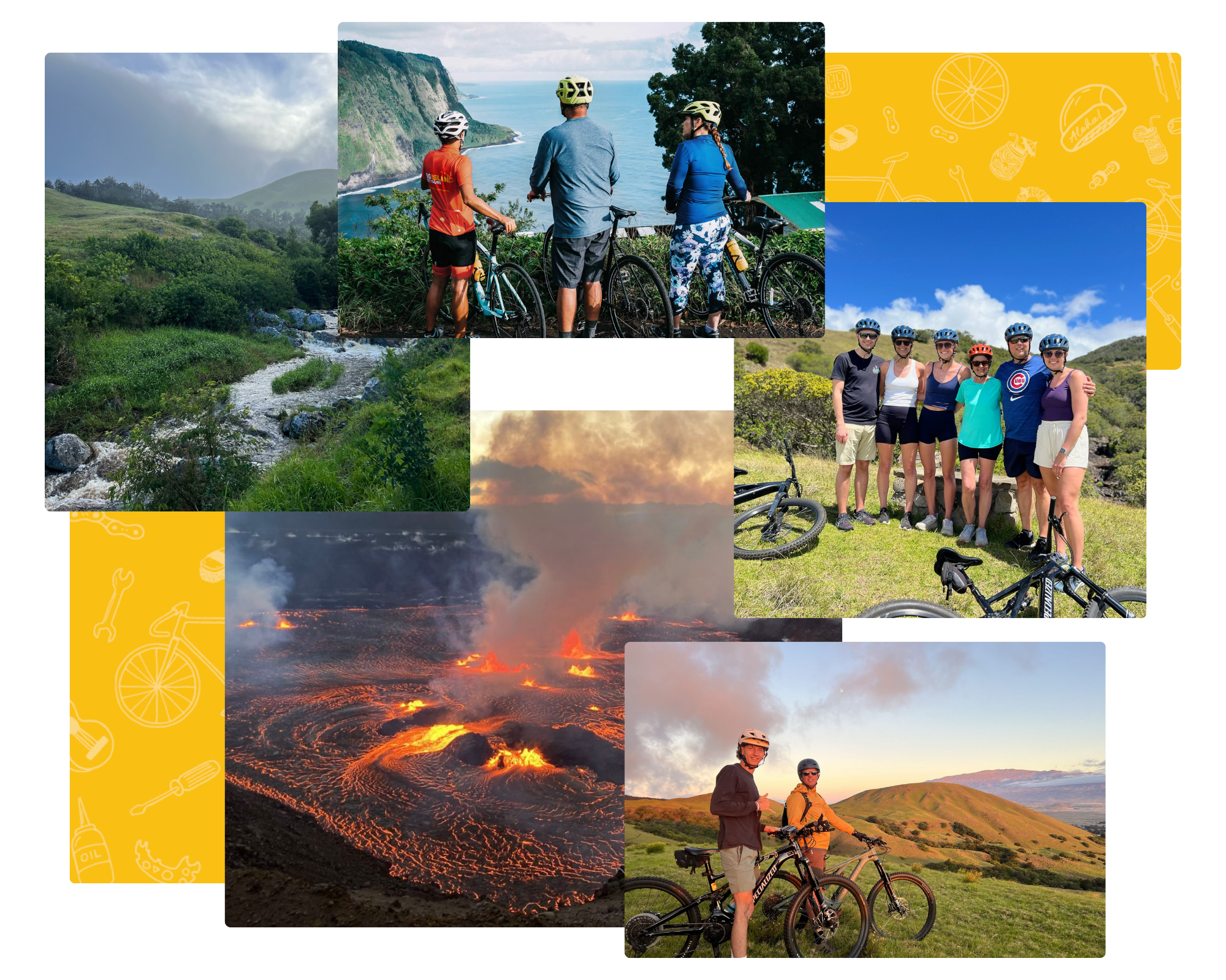 Collage of outdoor activities including mountain biking, volcanic eruption, sunset, ocean coastline, and a group of people with bicycles hiking on a green hill.