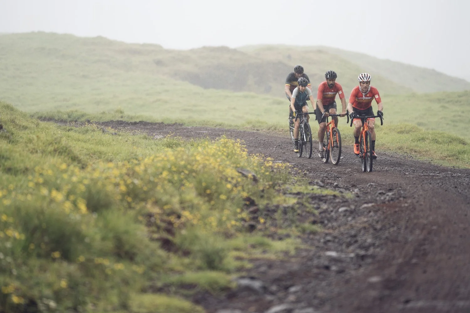 Four men and one boy riding mountain bikes on a dirt trail through green hills. They are wearing helmets and athletic clothing, and the scene appears foggy or misty.