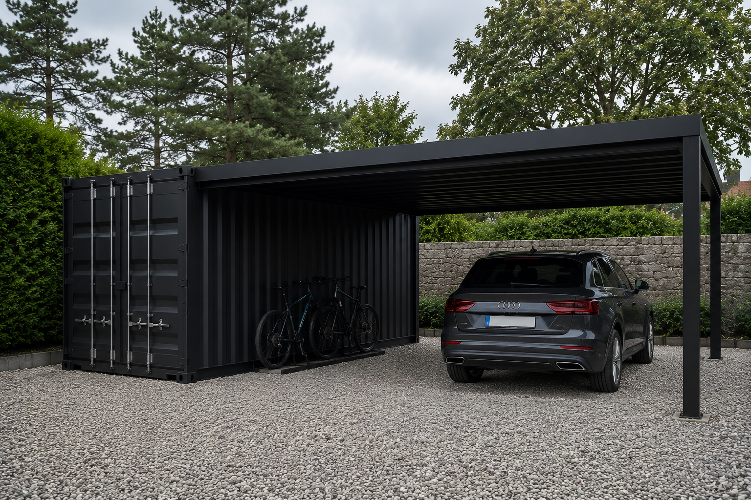 Carport sur mesure conçu à partir de conteneurs maritimes transformés avec espace de stationnement couvert.