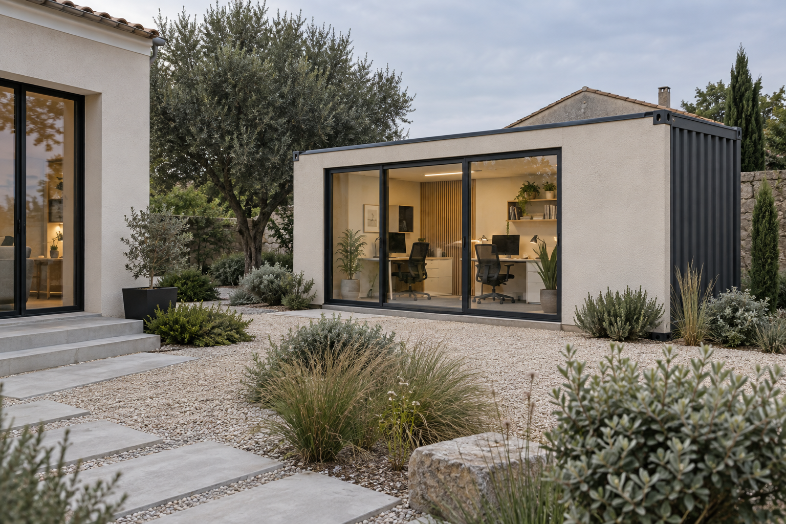 Bureau de jardin en conteneur avec finition en crépi clair