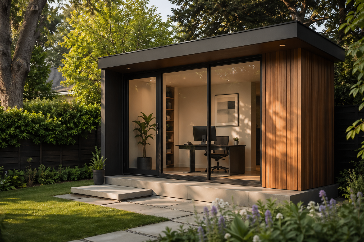 Bureau de jardin sur mesure inspiré d'un aménagement en conteneur maritime, avec grandes ouvertures vitrées et espace de travail lumineux.