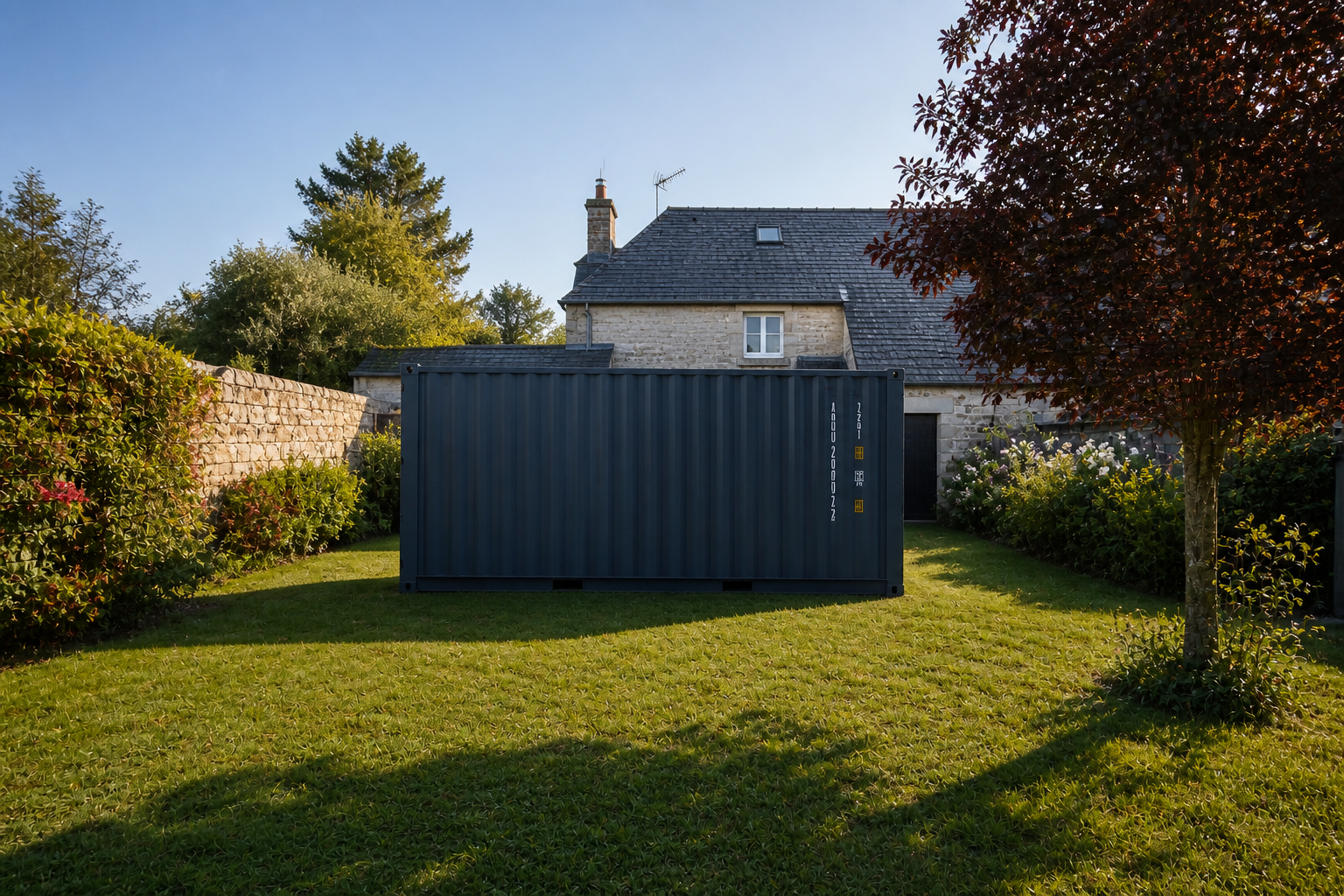 Conteneur maritime installé dans un jardin privé, exemple d'espace sur mesure adaptable à différents usages.