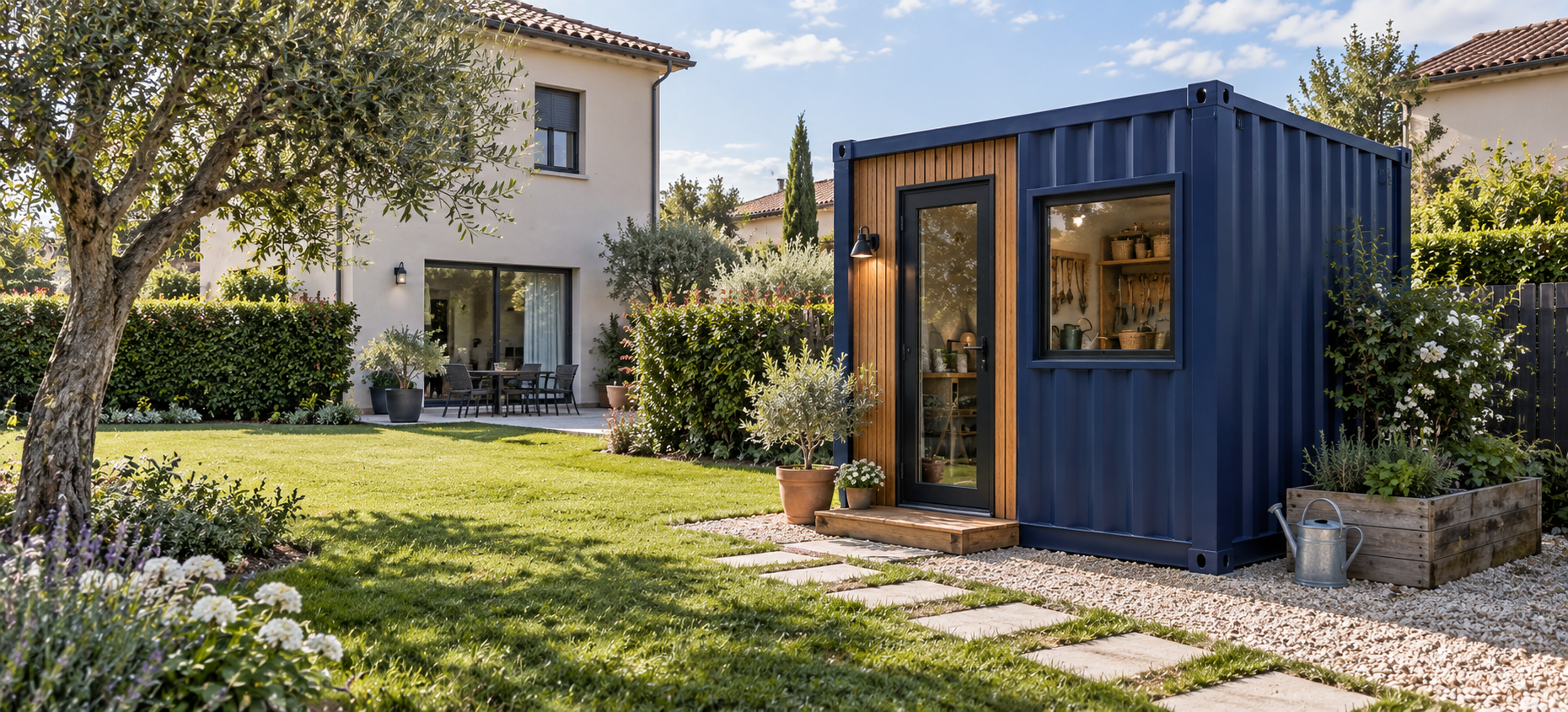 Petit conteneur aménagé en abri de jardin dans une propriété