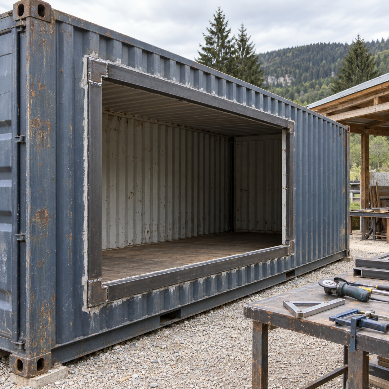 Découpe et renforcement métallique d’une ouverture dans un container maritime