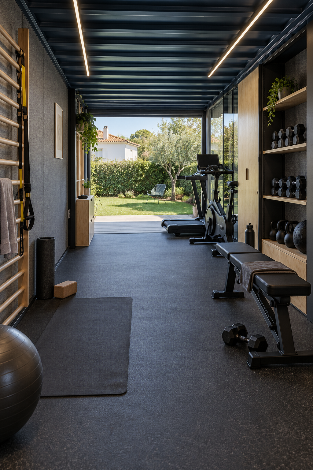 Salle de sport aménagée dans un conteneur ouvert sur le jardin