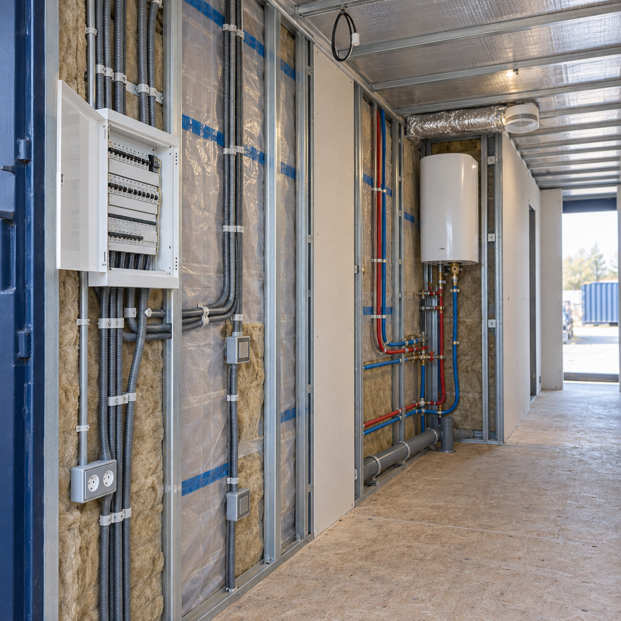 Installation électrique et plomberie dans un container en cours d’aménagement