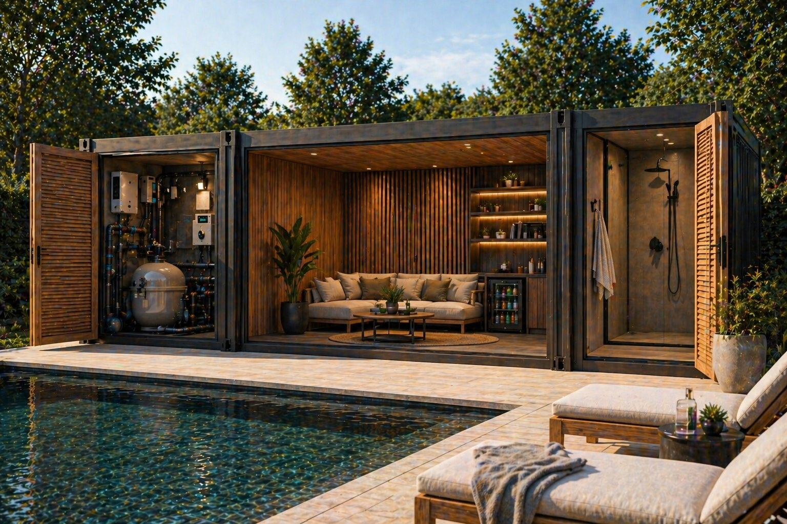 Pool house sur mesure réalisé à partir de conteneurs maritimes transformés, avec espace détente et aménagement extérieur.