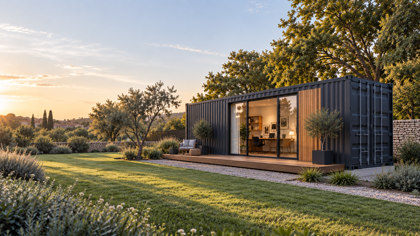 Conteneur maritime aménagé en bureau sur mesure dans un jardin