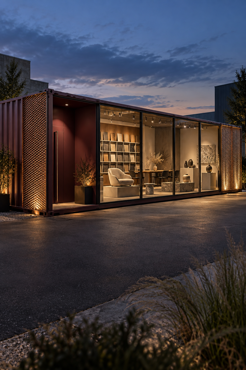 Showroom professionnel aménagé dans un conteneur vitré