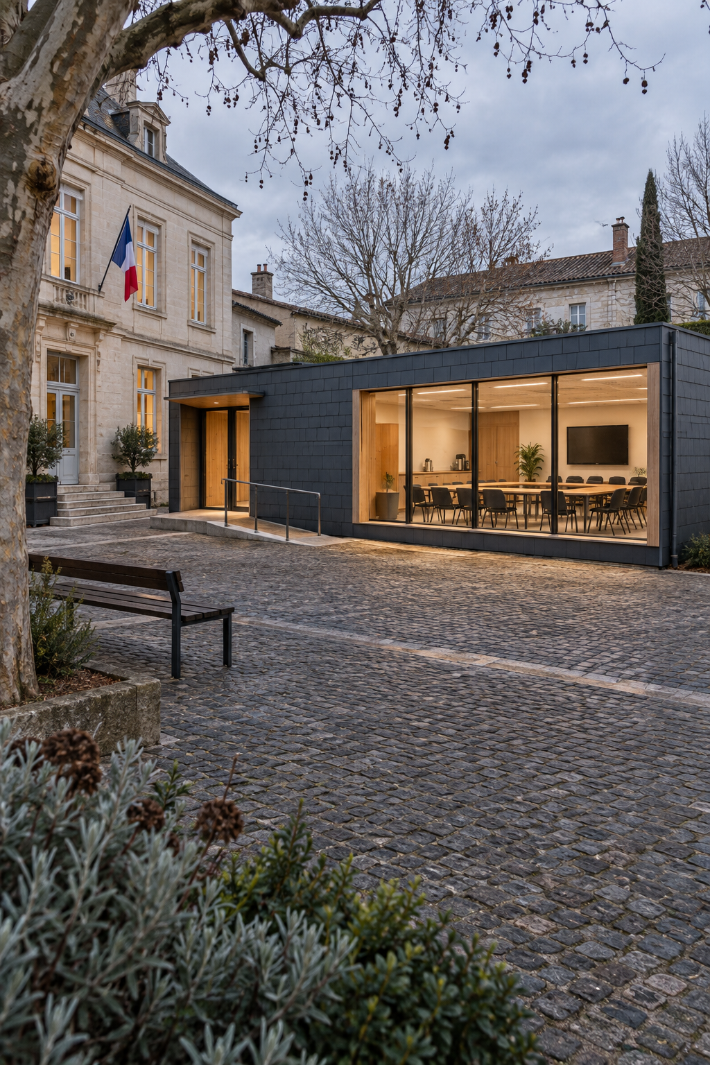 Salle de réunion en conteneur installée dans la cour d’une mairie