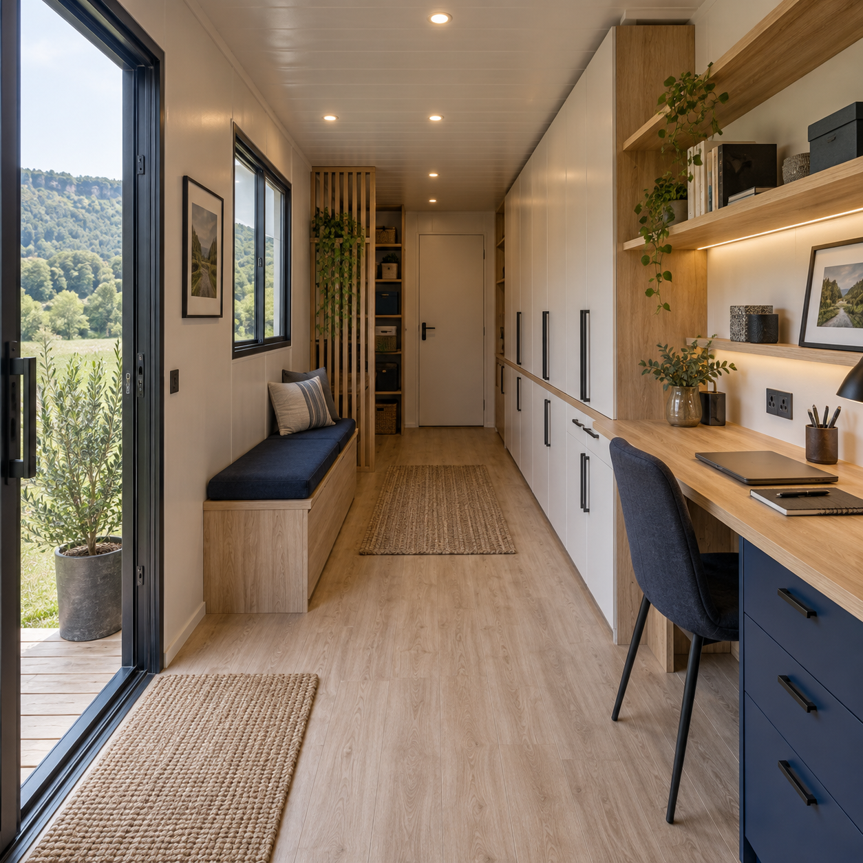 Aménagement intérieur sur mesure d’un conteneur avec rangements intégrés