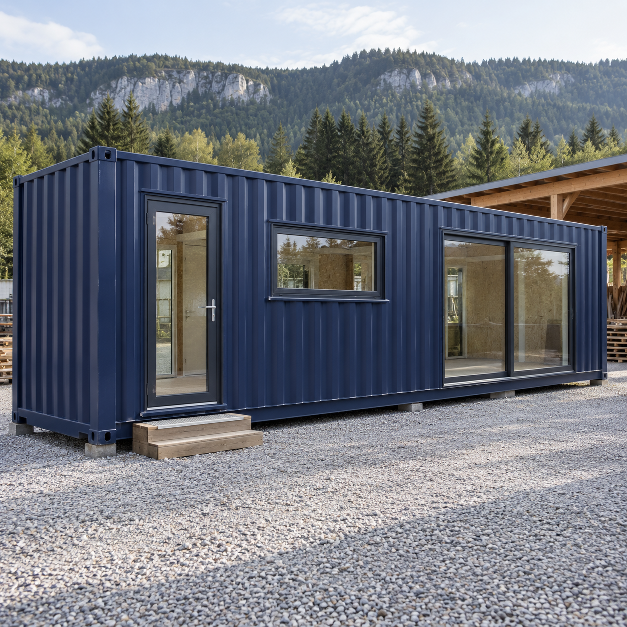 Porte, fenêtre et baie vitrée intégrées dans un container aménagé