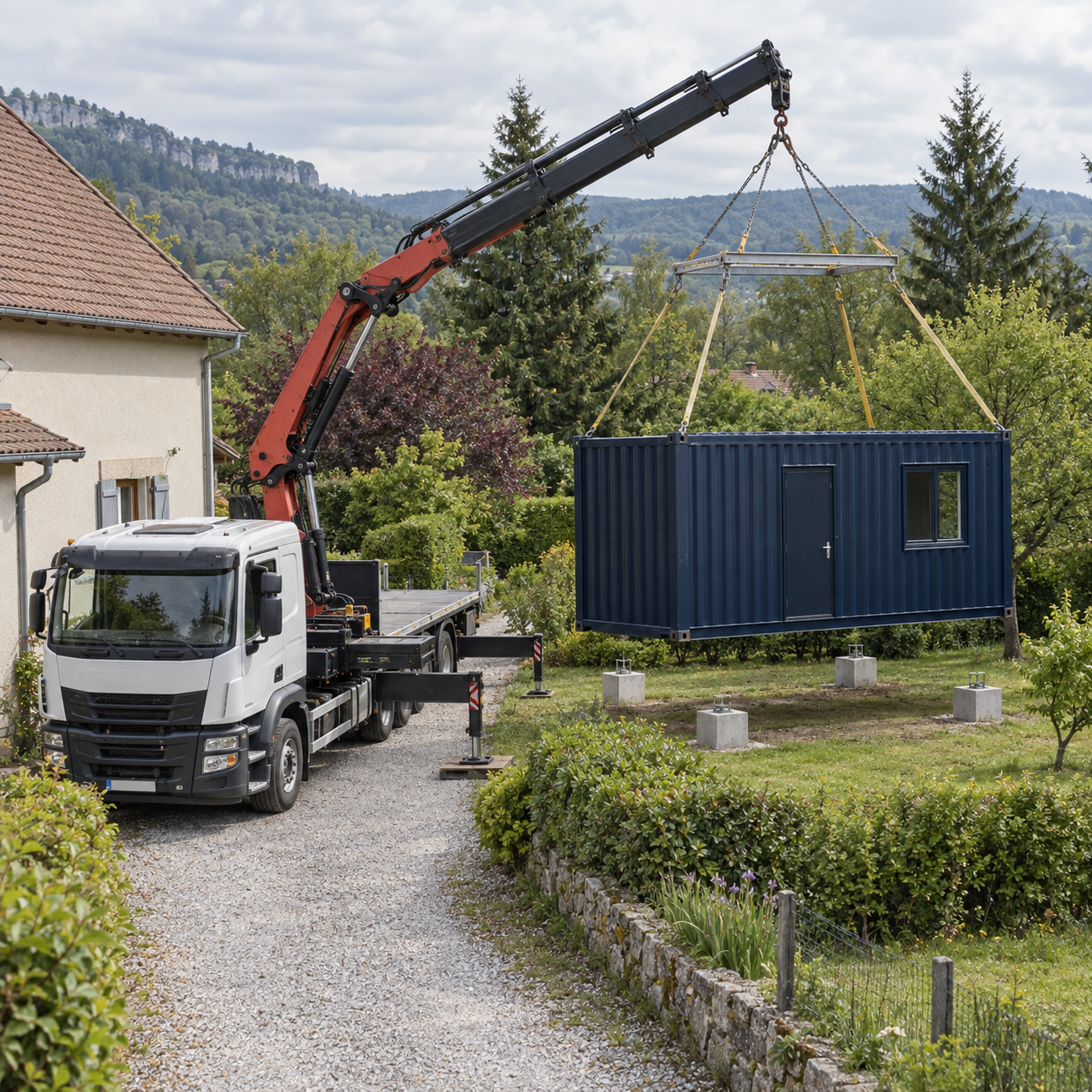 Livraison et installation d’un conteneur aménagé par camion-grue