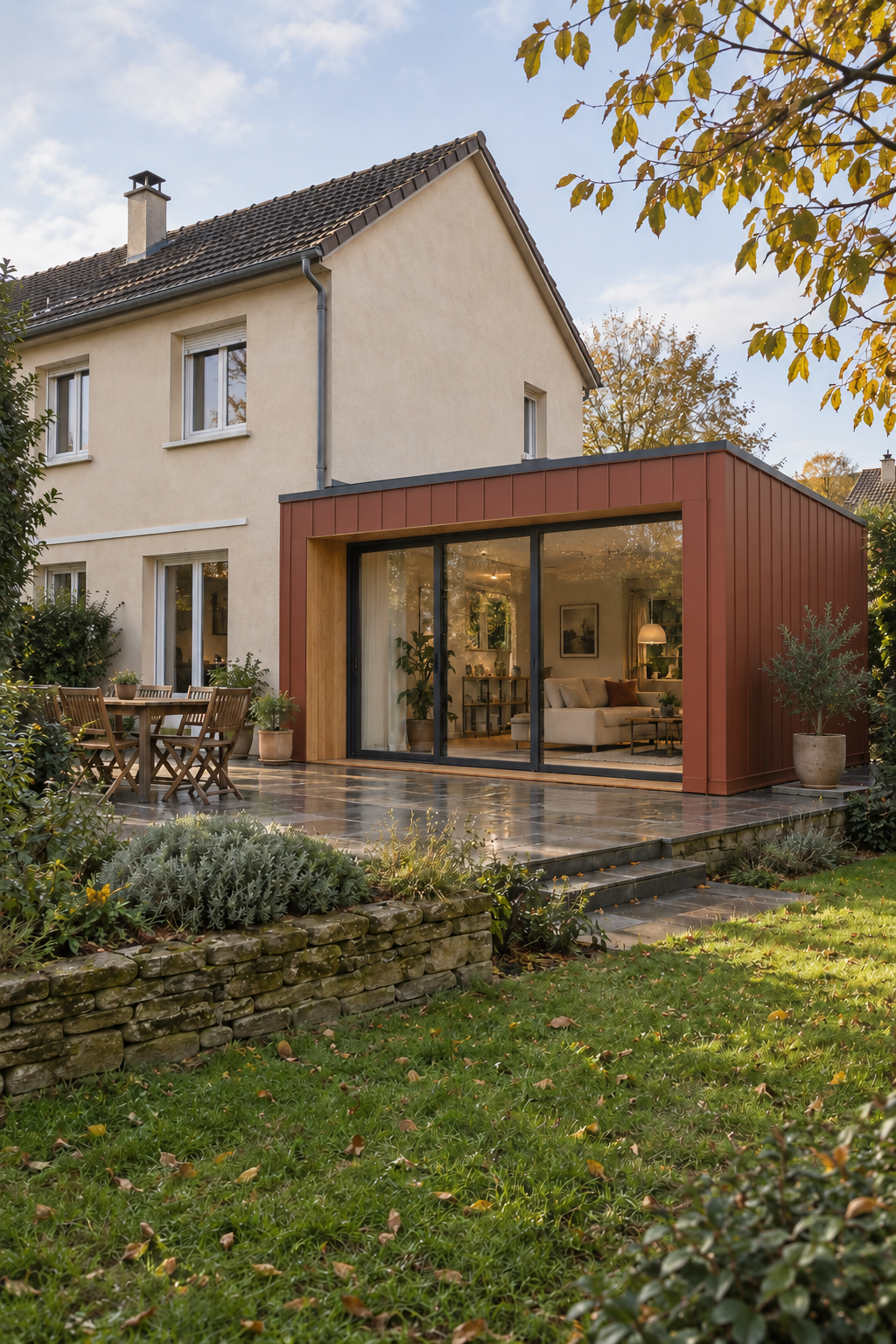 Extension de maison en conteneur transformée en pièce de vie