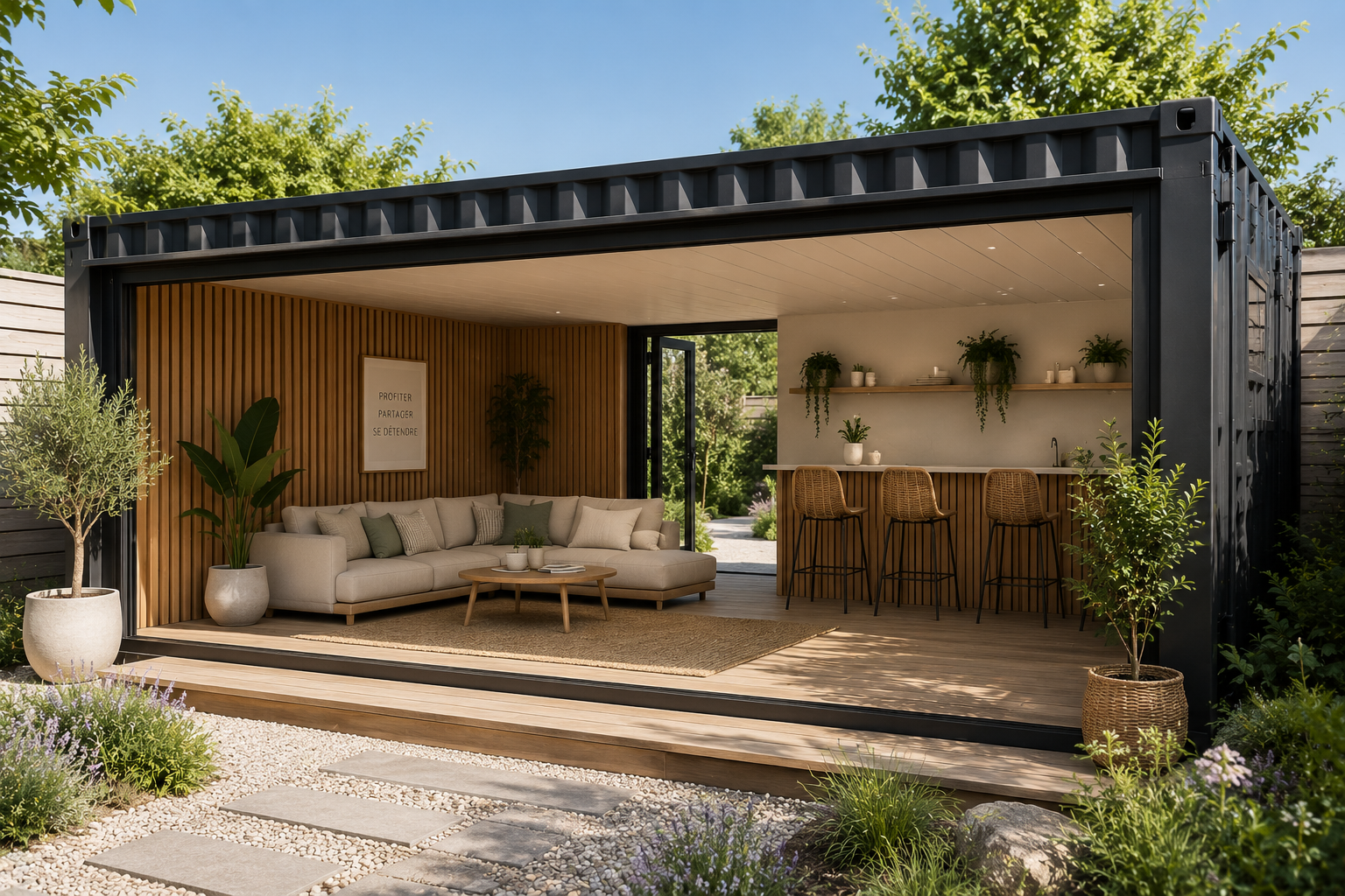 Espace de vie contemporain aménagé dans un conteneur maritime transformé avec cuisine et salon ouverts sur l'extérieur.