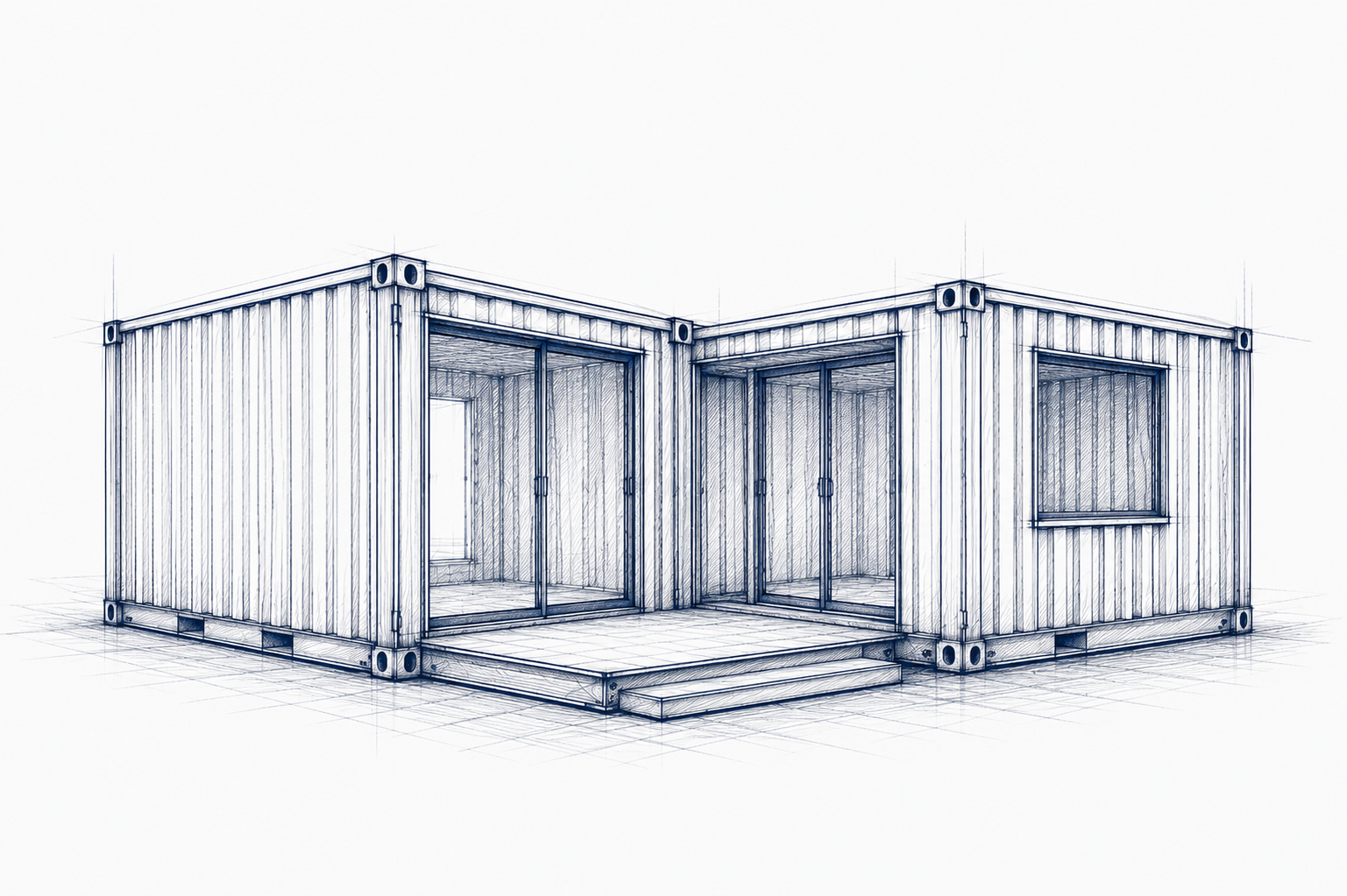 Croquis technique d'un projet d'aménagement en conteneur maritime conçu sur mesure.