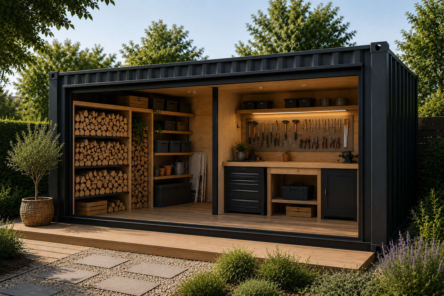 Atelier de jardin sur mesure réalisé dans un conteneur maritime transformé avec espaces de rangement intégrés, ainsi que du stockage de bois.