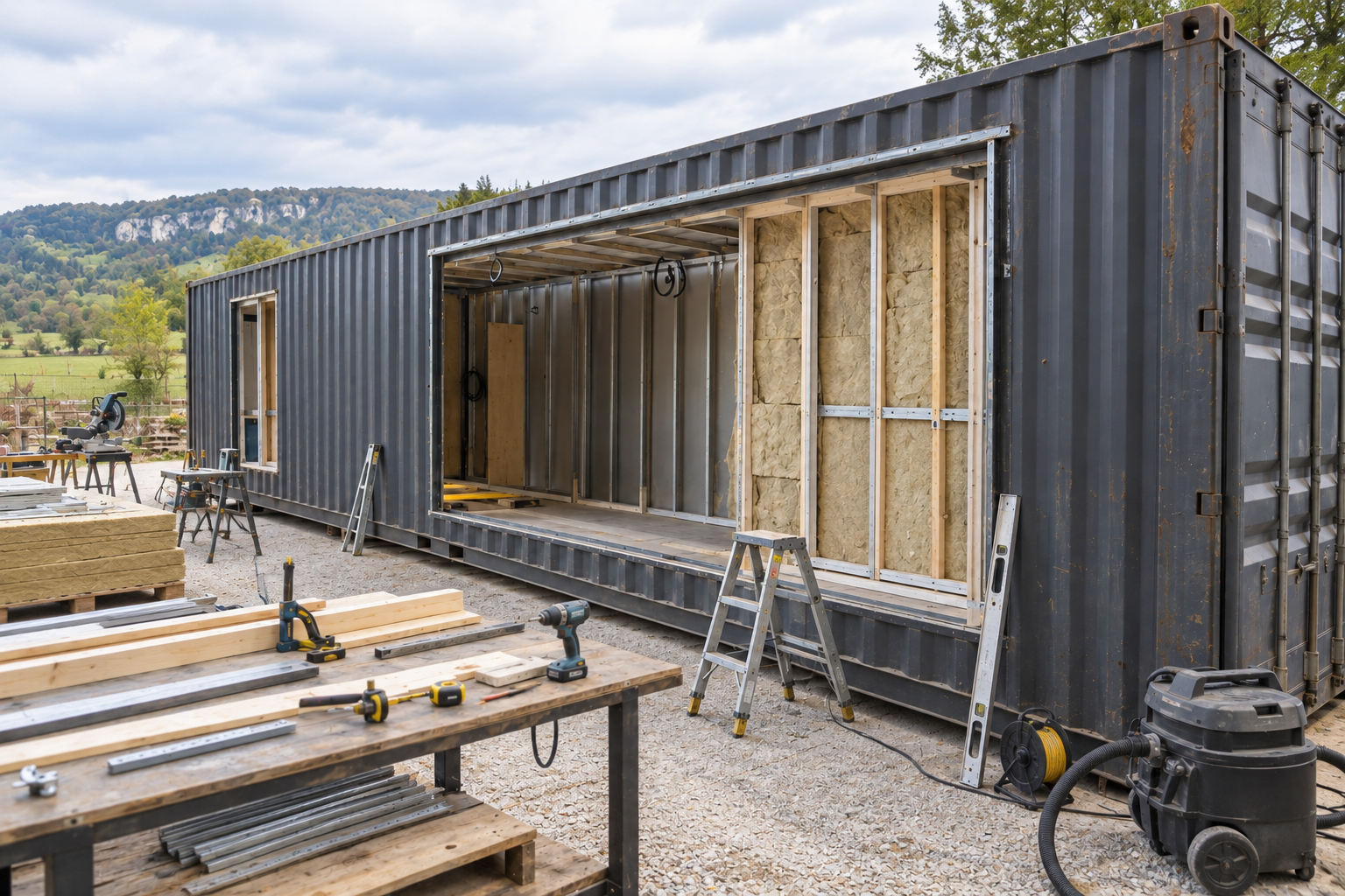 Fabrication extérieure d’un conteneur aménagé avec ossature et isolation