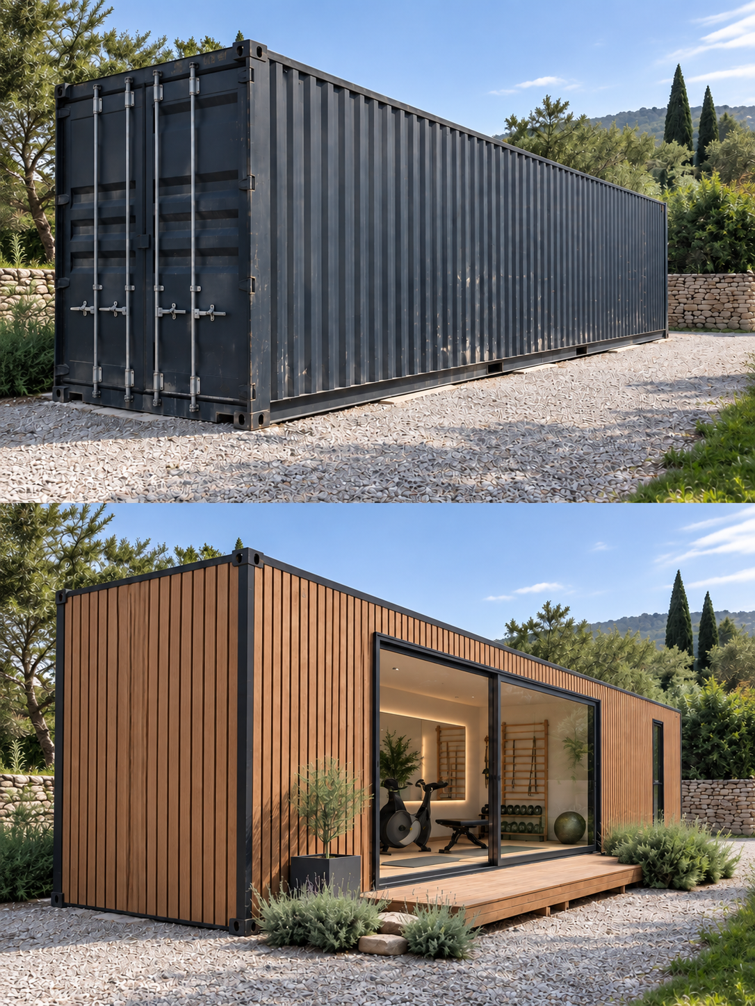 vant et après la transformation d’un container High Cube en salle de sport avec bardage bois