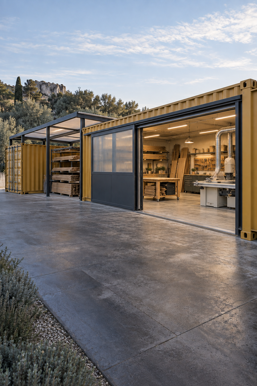 Atelier professionnel avec des containers avec abri couvert pour les matériaux