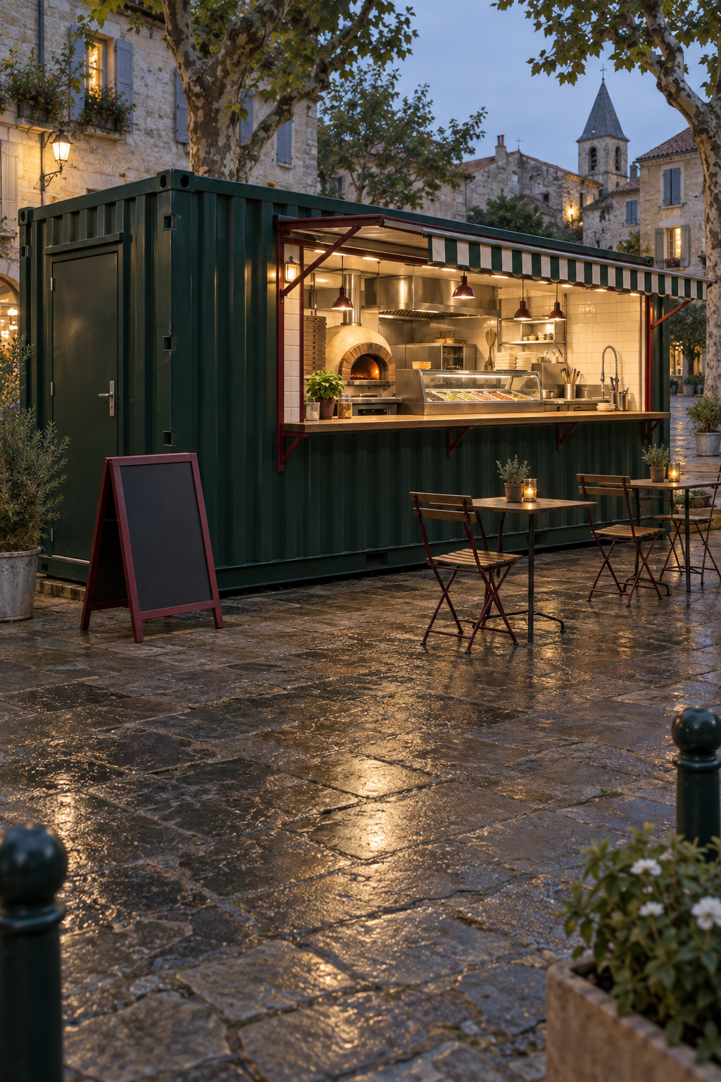 Pizzeria à emporter aménagée dans un conteneur sur une place de village